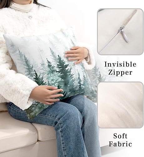 Miniatura 5 de Juego de 2 fundas de almohada de árboles verdes acuarela de 18 x 18 pulgadas, fundas de almohada de invierno verde oscuro con temática de
