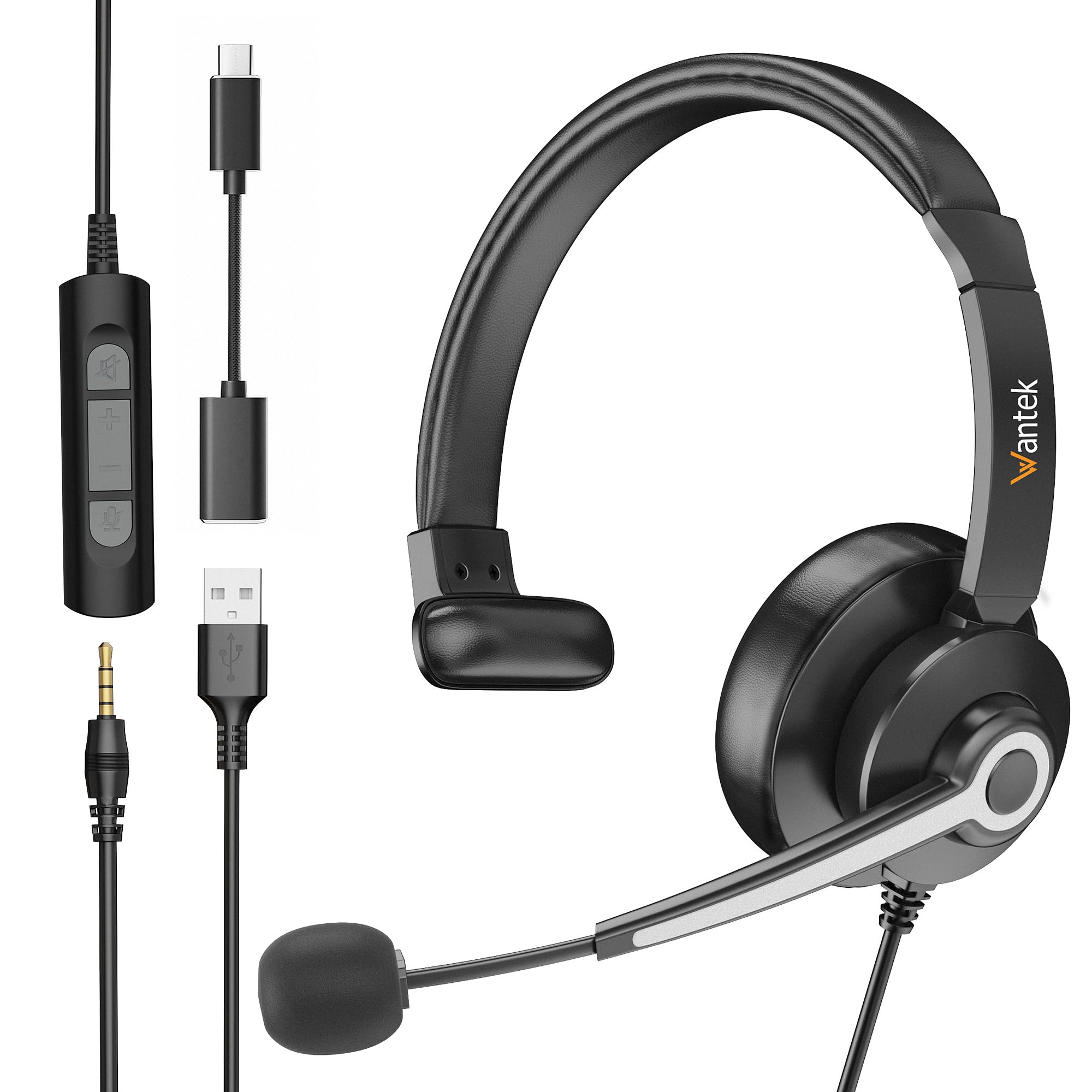 Wantek Headsets mit Noise Cancelling Mikrofon,USB/Type-c/3.5mm Jack 3-in-1 PC Headset,EIN-Ohr Headset (Mono) mit Kabel Lautstärkeregelung für Call Center,Skype,Zoom,Home Office,Online-Kurse,Klar Chat