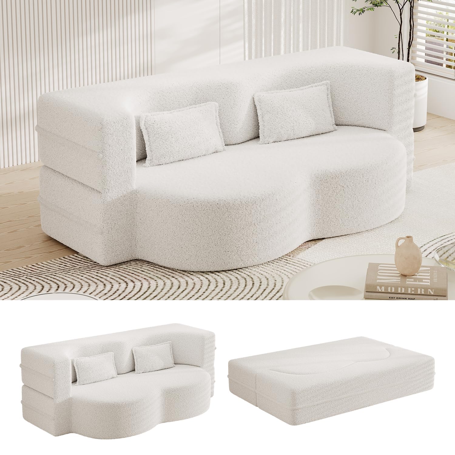 78 Teddy Loveseat Sofa Cloud Couch 2 in 1 Boneless Convertible Sleeper Sofa Bed Full Size Modern Boucle