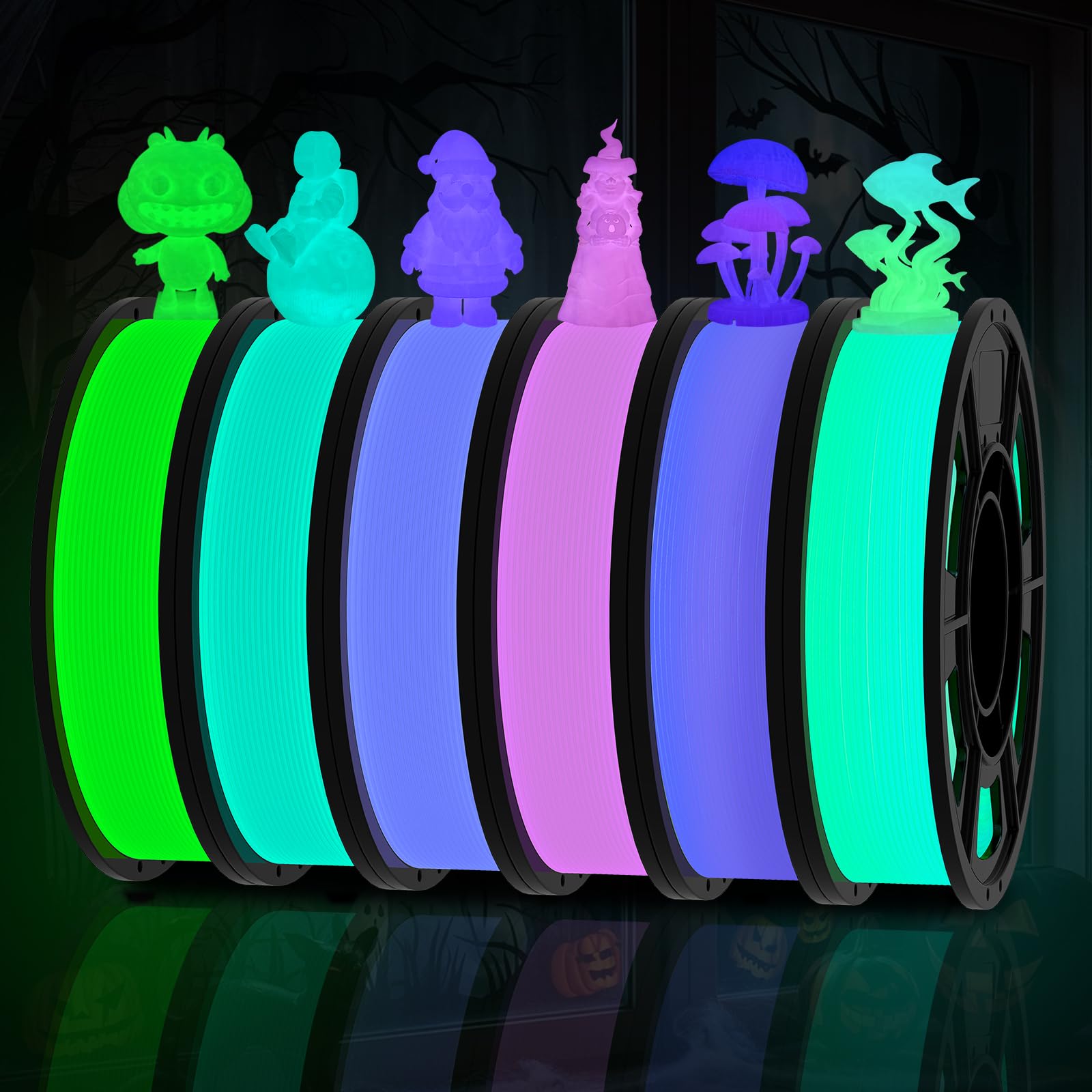 Paquete de 6 filamentos PLA que brillan en la oscuridad, paquete de 6 (250 g por carrete, 1.5 kg en total), filamento fluorescente de luz nocturna (verde, verde azulado, morado, rojo rosa, azul, verde