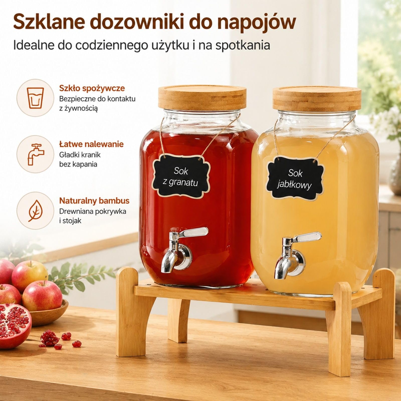 Szklany dystrybutor napojów 2 x 3,8 l, przezroczysty podwójny cylinder z kranem i drewnianą podstawką na przyjęcie, bar, restaurację, lemoniadę, herbatę mrożoną