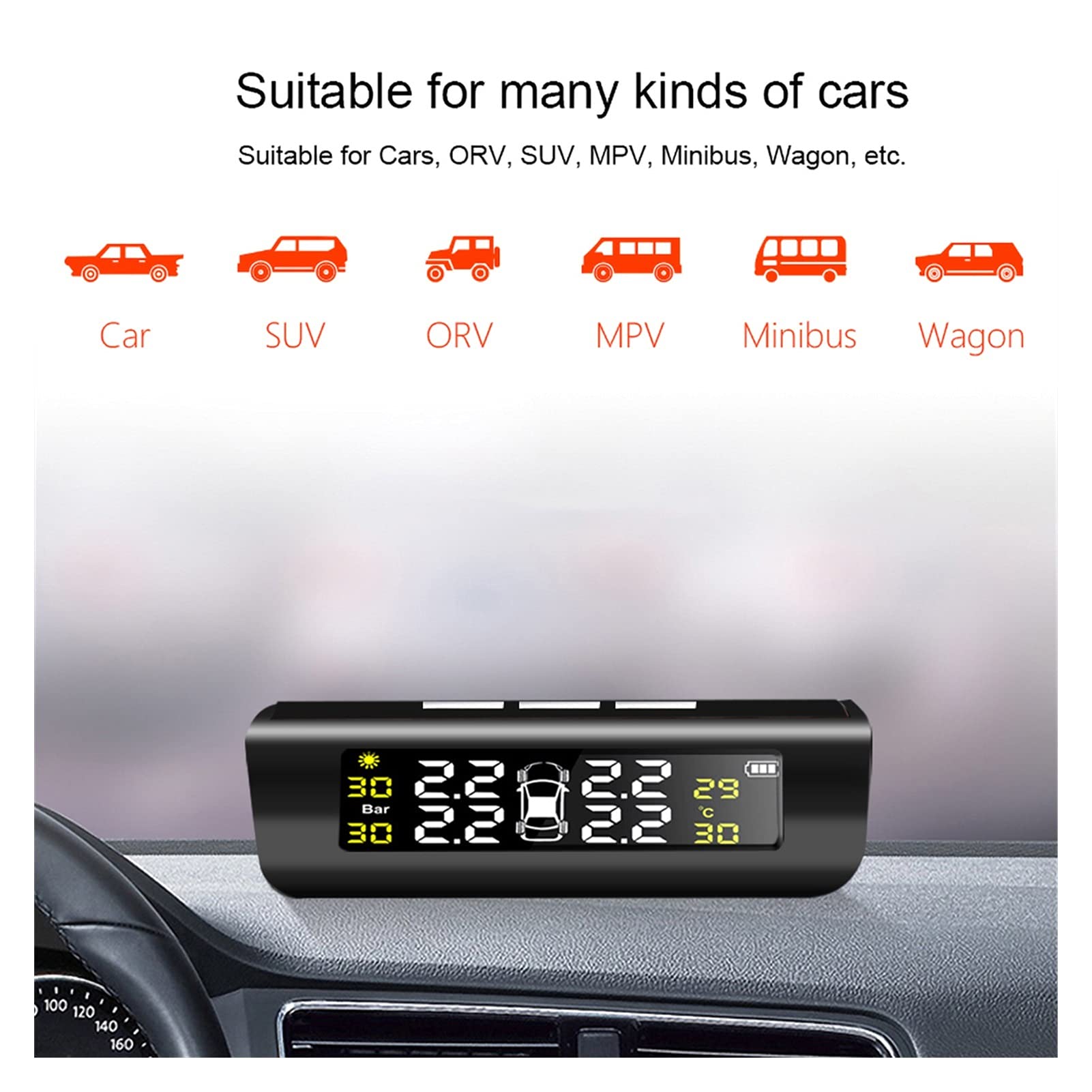Strumenti di controllo della pressione dei pneumatici Sistema di monitoraneo per pneumatici per pneumatici per auto Smart Automobile solare TPMS. Pneumatici AVVERTENZA Avviso ad alta temperatura Senso