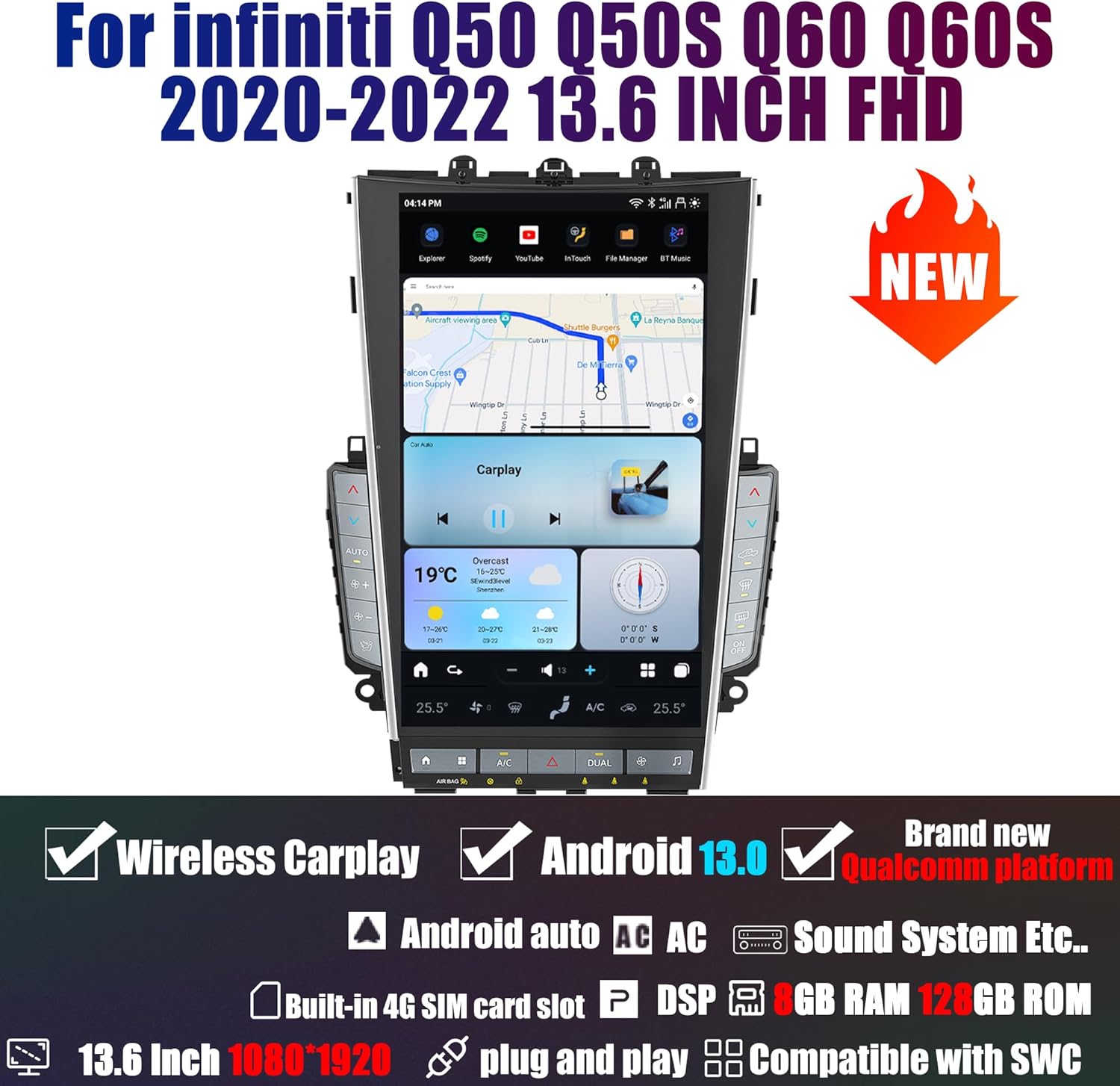 AuCar 2025 Latest Mark 7 Android 13 Car Radio Head Unit for Infiniti Q50 Q50S Q60 Q60S 2020-2022, 13.6 Inch New T-Style Car Multimedia Stereo Video Player GPS Navigation 8GB RAM 128GB ROM 2020-2022 MK7 8+128GB image 2 of 9 B0D5HMSM6Z