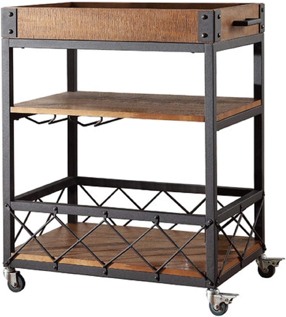 Rectangular Kitchen Cart with MDF Wood Top and 3 Tiered Storage Area , 28 Inches , Black
