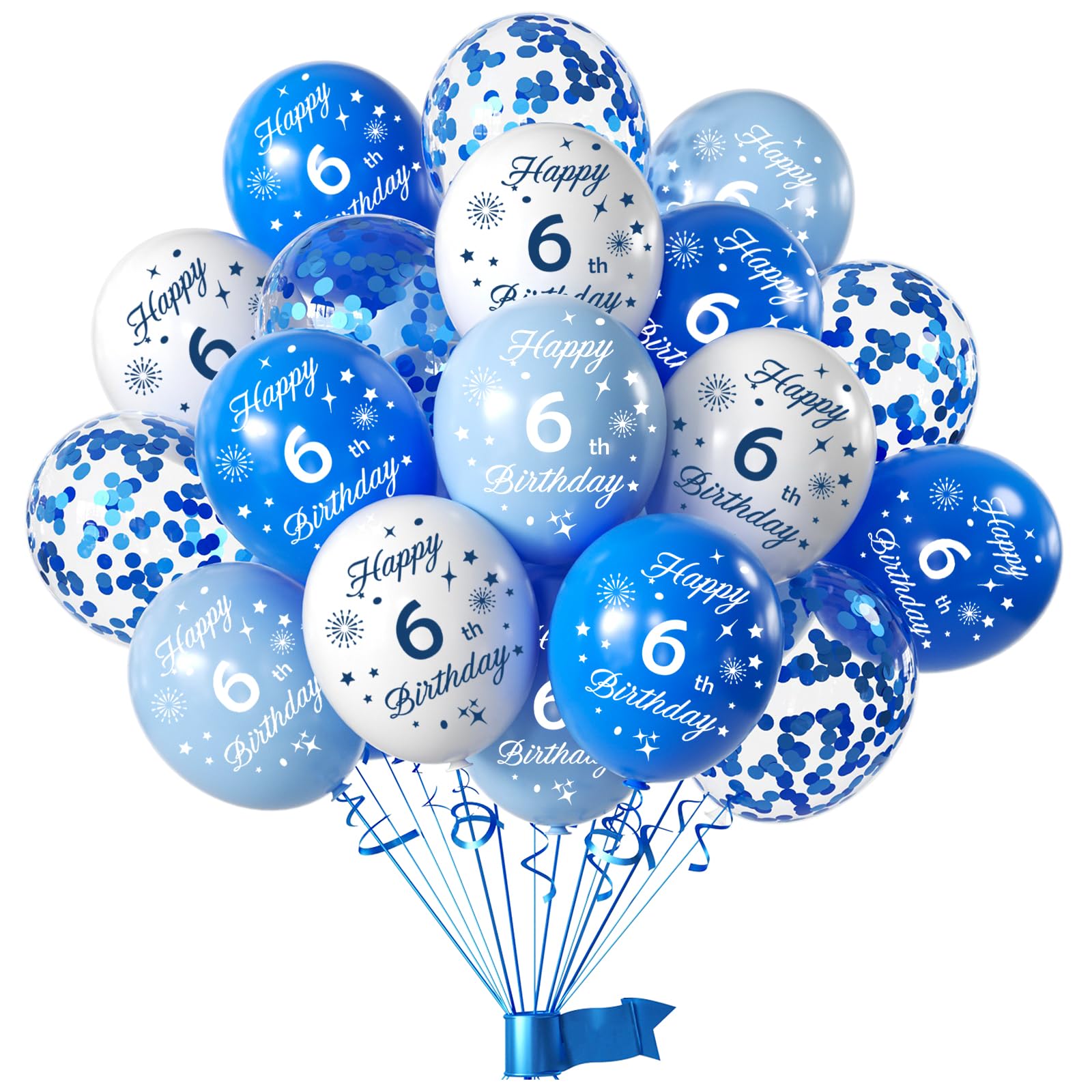 Blue 6th Birthday Balloons for Boys Girls 6th Birthday Party Decorations, 12inch 16pcs Blue White Happy 6th Birthday Balloons, Party Balloons Confetti