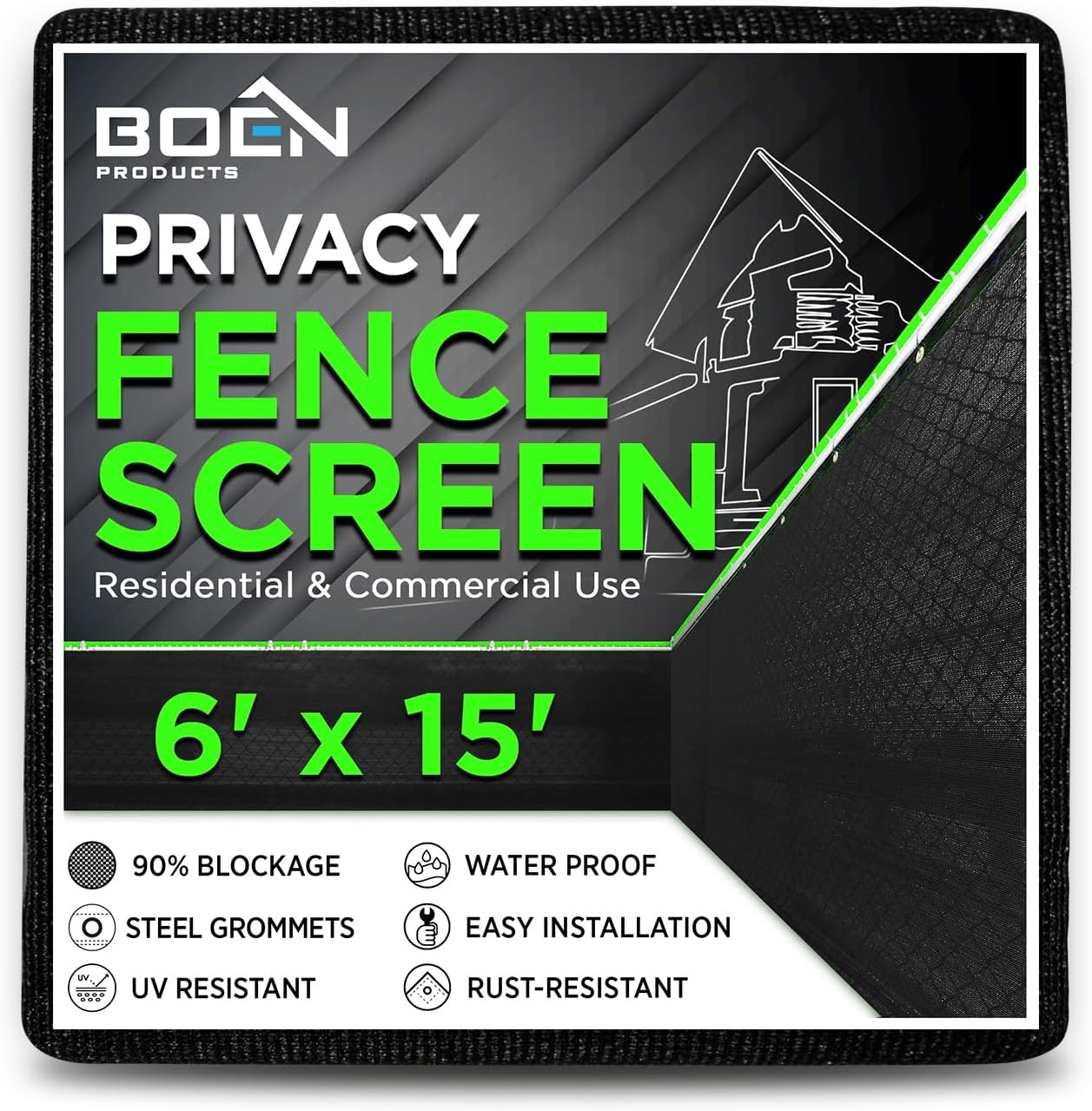 Boen - Backyard Privacy Screen Fence Covering 6' x 15' - Black - Instant Outdoor Privacy Fence Screen for Any Metal, Chain Link, Wood Panels or Plastic Fencing - Shade & Block Wind Privacy Wall