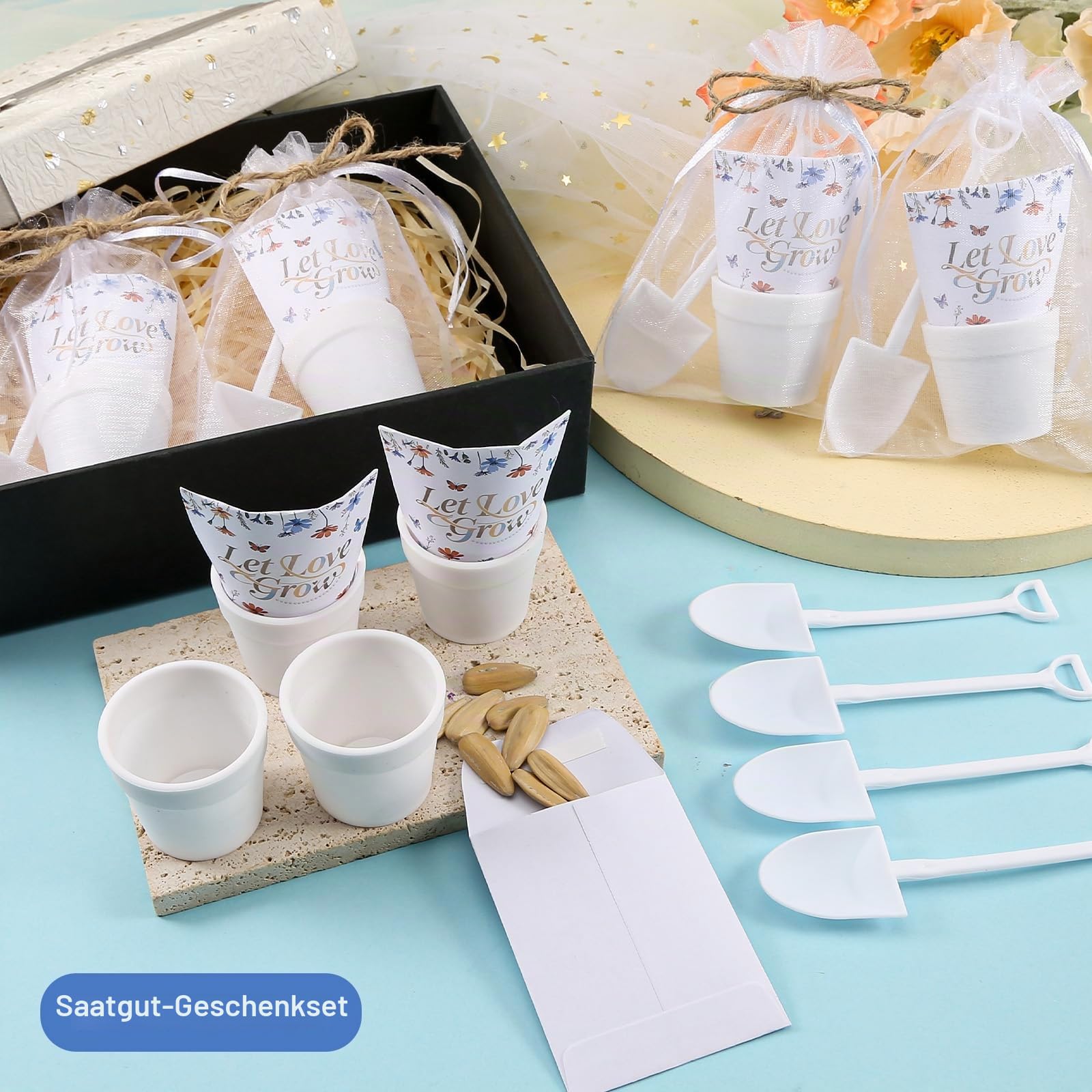 200 Stück Let Love Grow Hochzeitsgeschenke für Gäste, inklusive 50 Blumensamen-Paketen, 50 Töpfe, 50 Organza-Beutel, 50 Gartenschaufeln für Brautparty, Hochzeit, Party, Gastgeschenke, Keine