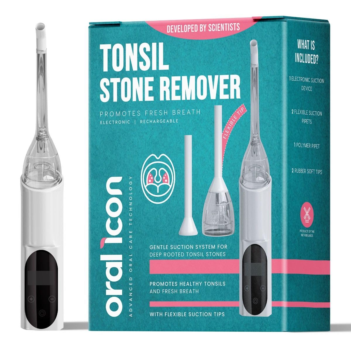 Oral Icon Kit Elettrica di Rimozione Calcoli Tonsillari - Pipetta di Aspirazione a Vuoto - Kit Completo - Alito Più Fresco - Specchio d'Ingrandimento 5X, Depressore Linguale e Siringa Irrigatrice