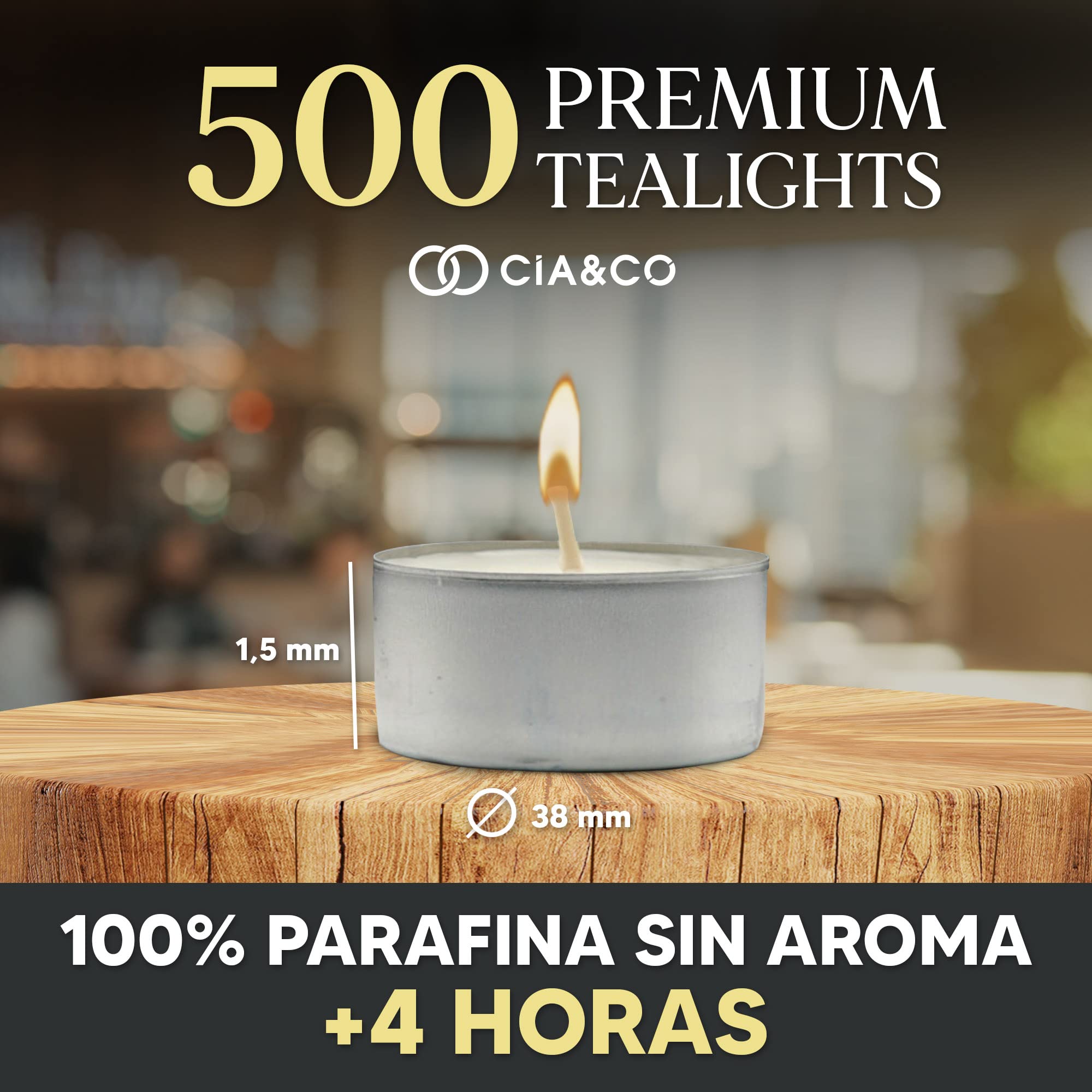 Pack Cia&Co 500 Velas de te 4 Horas. Velas Blancas Redondas sin Aroma y 100% Parafina. Diámetro 38 mm, Ideal Hostelería Sin Olor