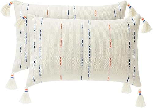 Miniatura 5 de Juego de 2 fundas de almohada decorativas de estilo bohemio lumbar para cama, dormitorio, fundas de cojín de algodón neutro suave (12 x 20 pulgadas,