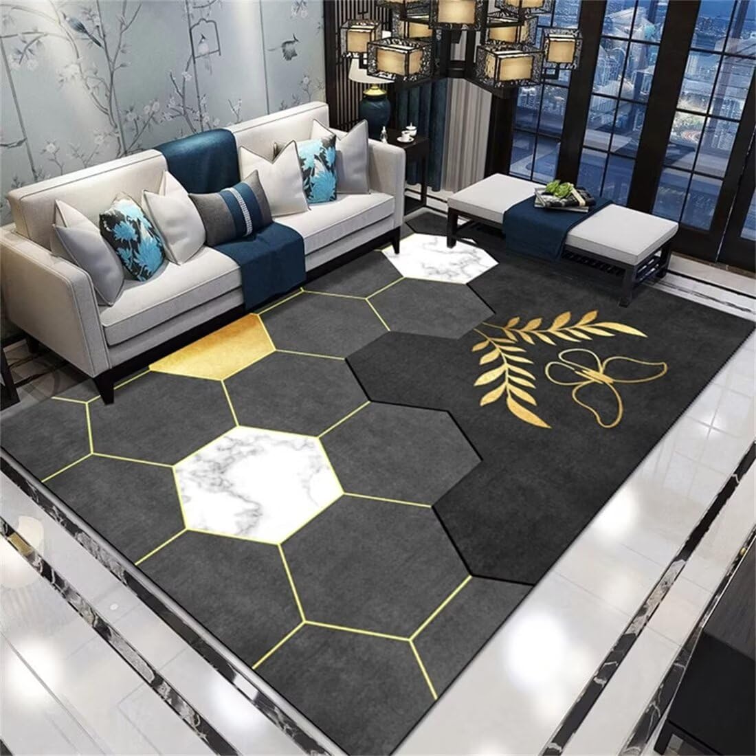 Tapis moderne de décoration géométrique hexagonale gris-jaune 140x200