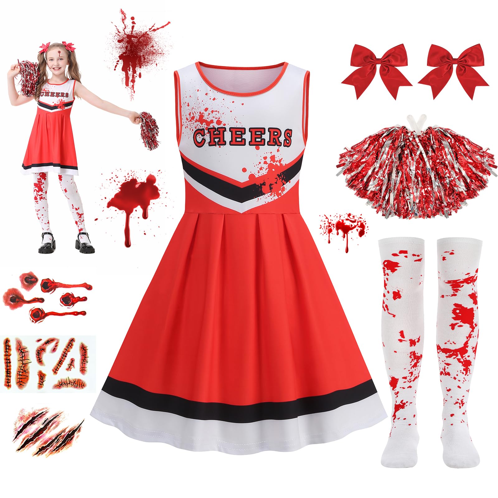 Mystery Code Vestito Halloween Bambina, Costume Zombie Cheerleader per Ragazza con Pom Poms, Calze, Tatuaggi e Capelli, Strega Costumi Halloween Diavolo Bambina Feste e Cosplay per 7-12 Anni Bambini