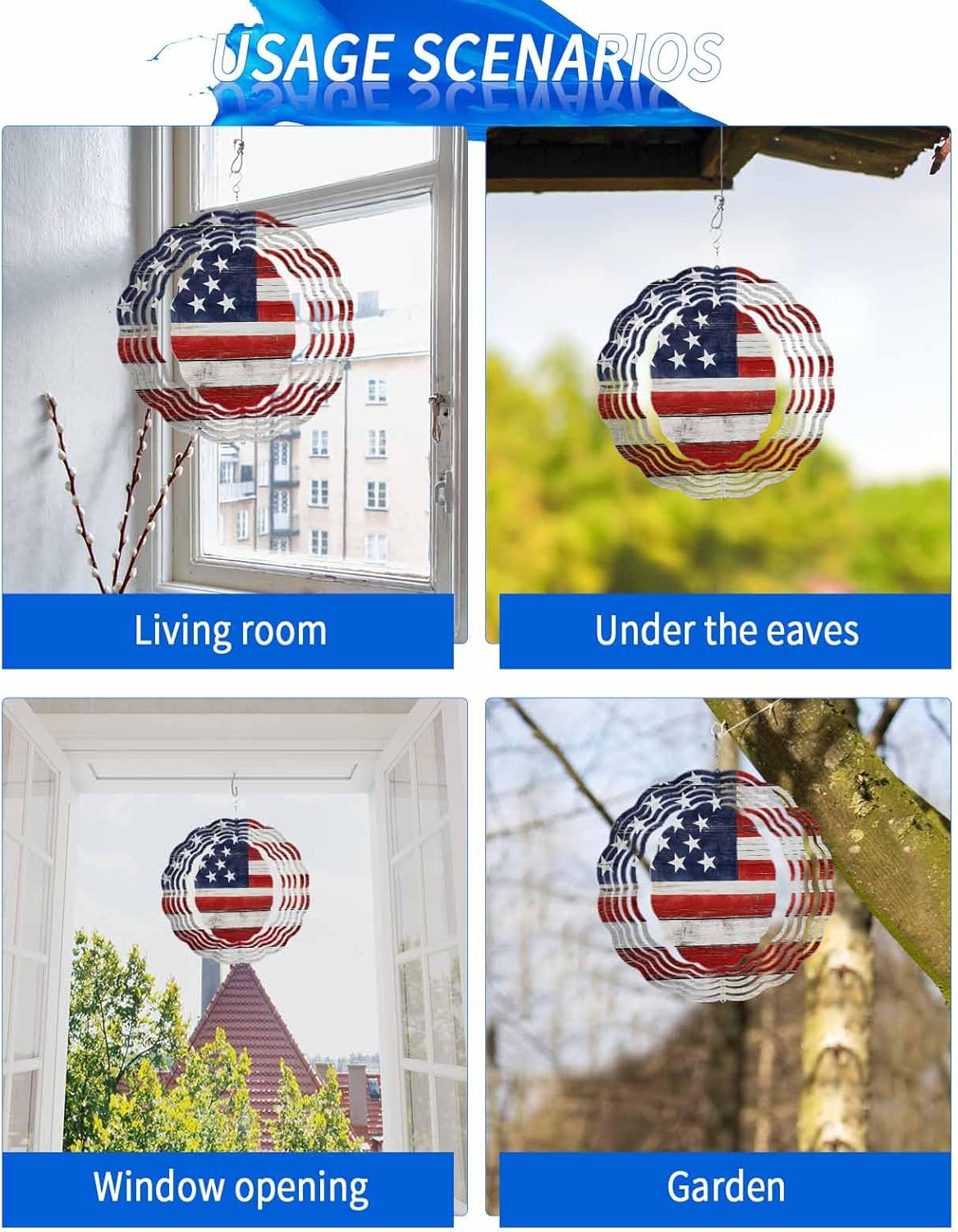 Independence Day USA Flag Wind Spinner for Garden Yard 3D Stainless Steel Hanging Wind Spinners, Patriotic Stripes and Stars Spinners Outdoor Metal Decor for Lawn Patio Home