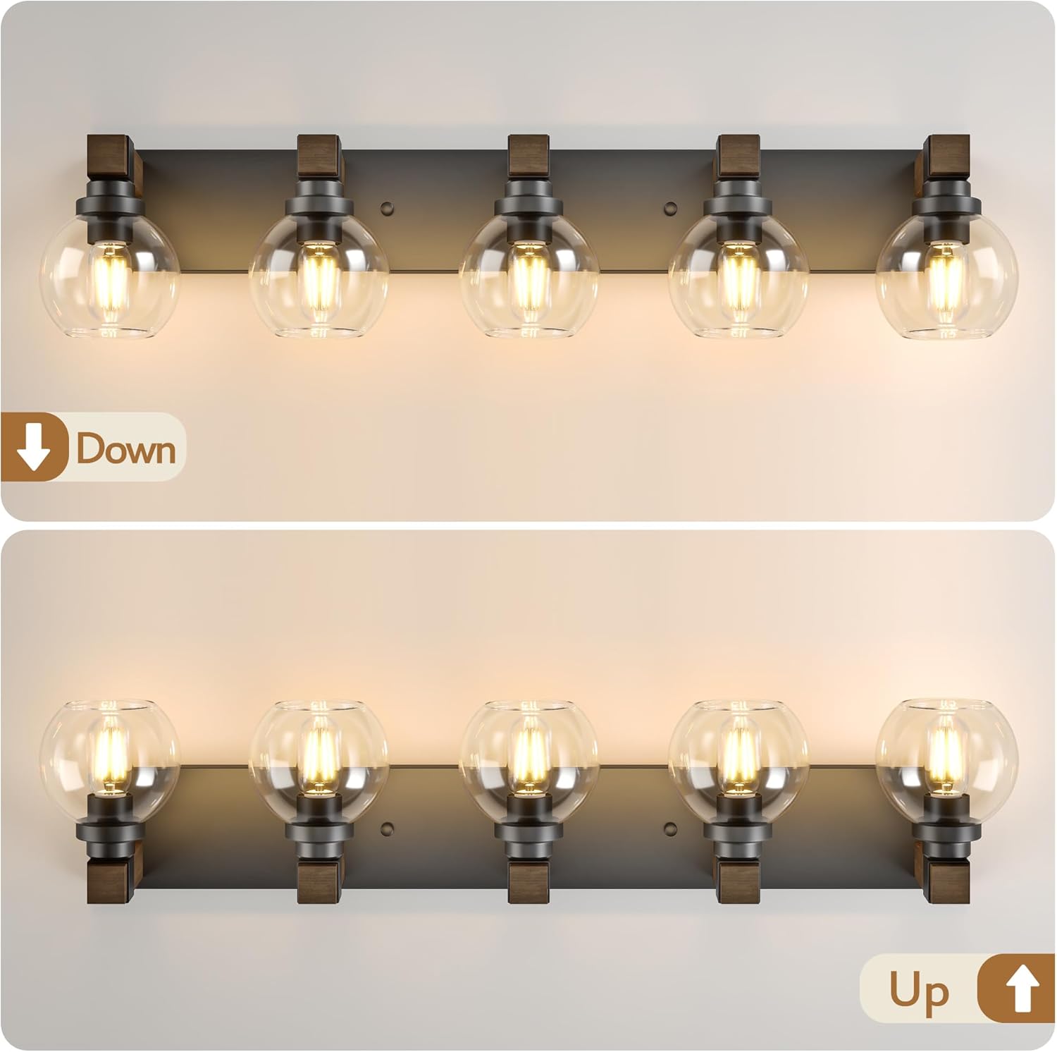Farmhouse Bathroom Vanity Light Fixtures, 5-Light Wood Bathroom Light Fixtures Over Mirror, Rustic Vanity Lighting with Glass Shade for Living Room, Bedroom, Hallway