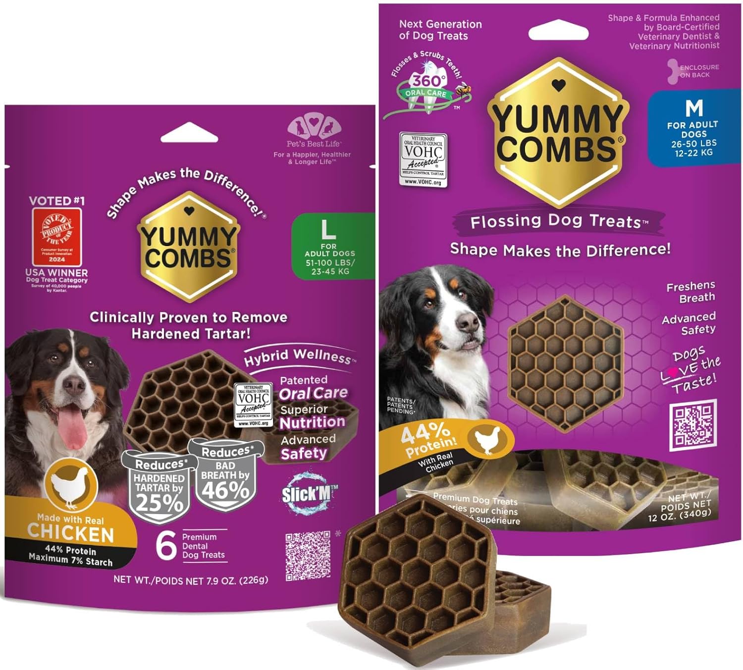 Yummy Combs Dog Dental Treats – Vet VOHC Approved – Delicious Chicken Protein – Removes Tartar with Cleaning Comb Shape – Large 8oz & Medium 12oz