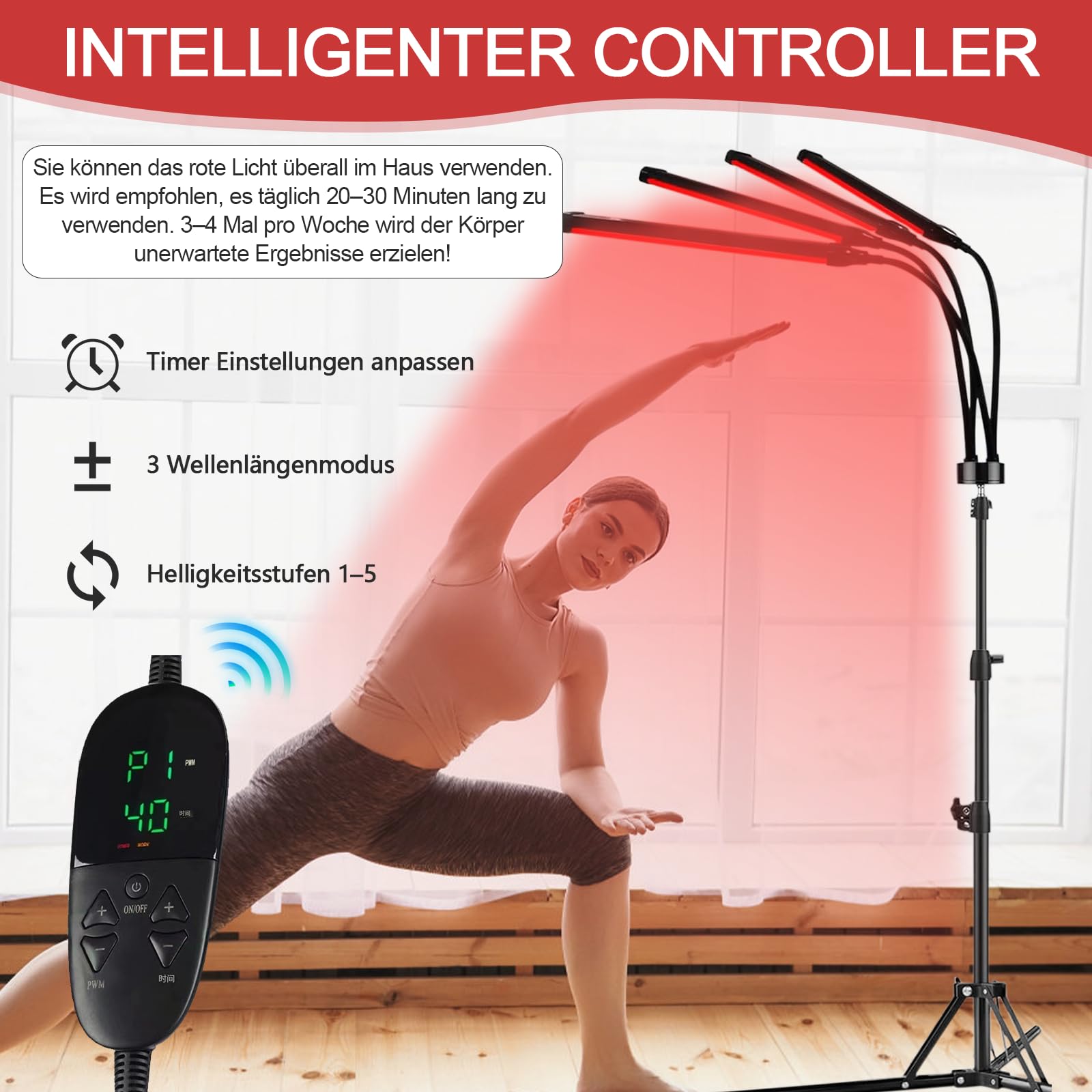 Rotlichtlampe mit Ständer, 660nm & 850nm & 940nm Infrarotlampe, 180LEDs Rotlicht mit Fernbedienung, 4 Köpfe Lichtlampe, Red Light für Männer und Frauen Geburtstagsgeschenke