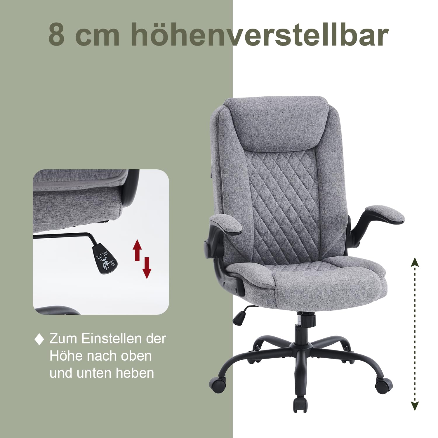 CASTLOVE Bürostuhl Ergonomisch Schreibtischstuhl Chefsessel Mit Gepolsterten Armlehnen Klappbar, Höhenverstellung, Wippfunktion und Kopfstütze Bequem für Home-Office Bürostuhl 150kg Grau Stoff