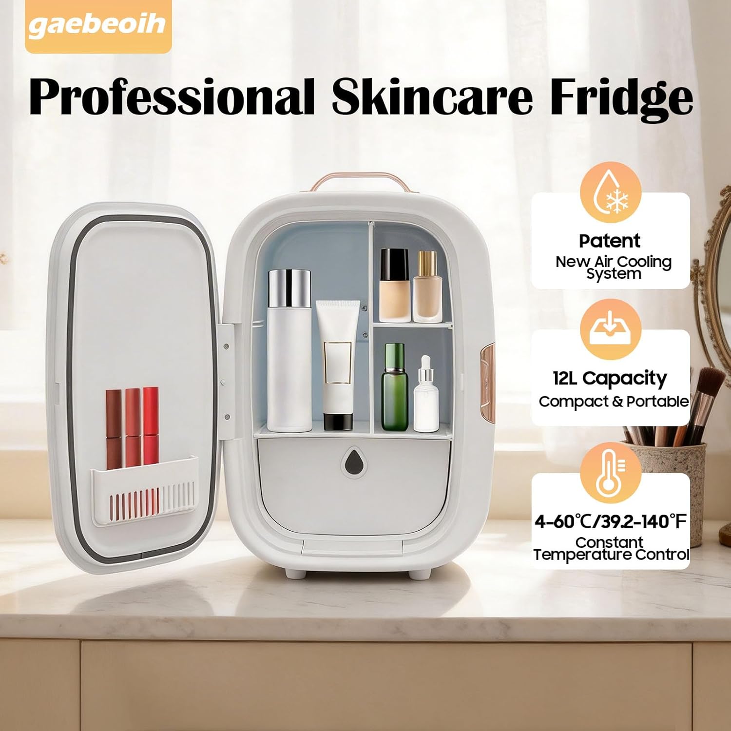 12 Liter Skincare Fridge, 20℃/68℉ Low Noise Constant Temperature Cosmetic Fridge Home Beauty Cosmetics Refrigerator Portable Control Mini Compact Beauty Refrigerator for Bedroom Office & Car (White)