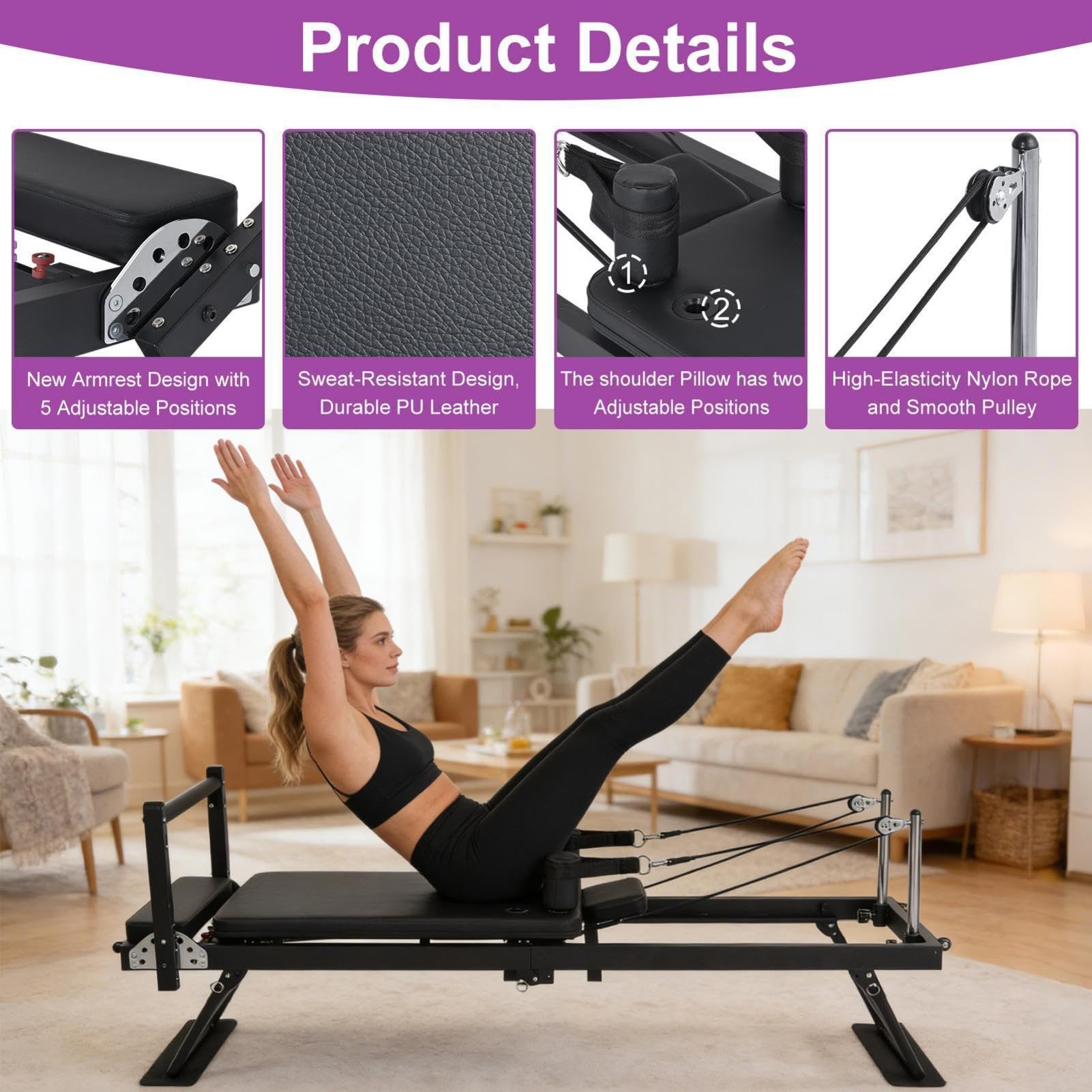 Nuovo modello di Reformer Pilates pieghevole, con 11 livelli di resistenza e carrucole, portata massima fino a 136 kg, ideale per uso domestico e in palestra
