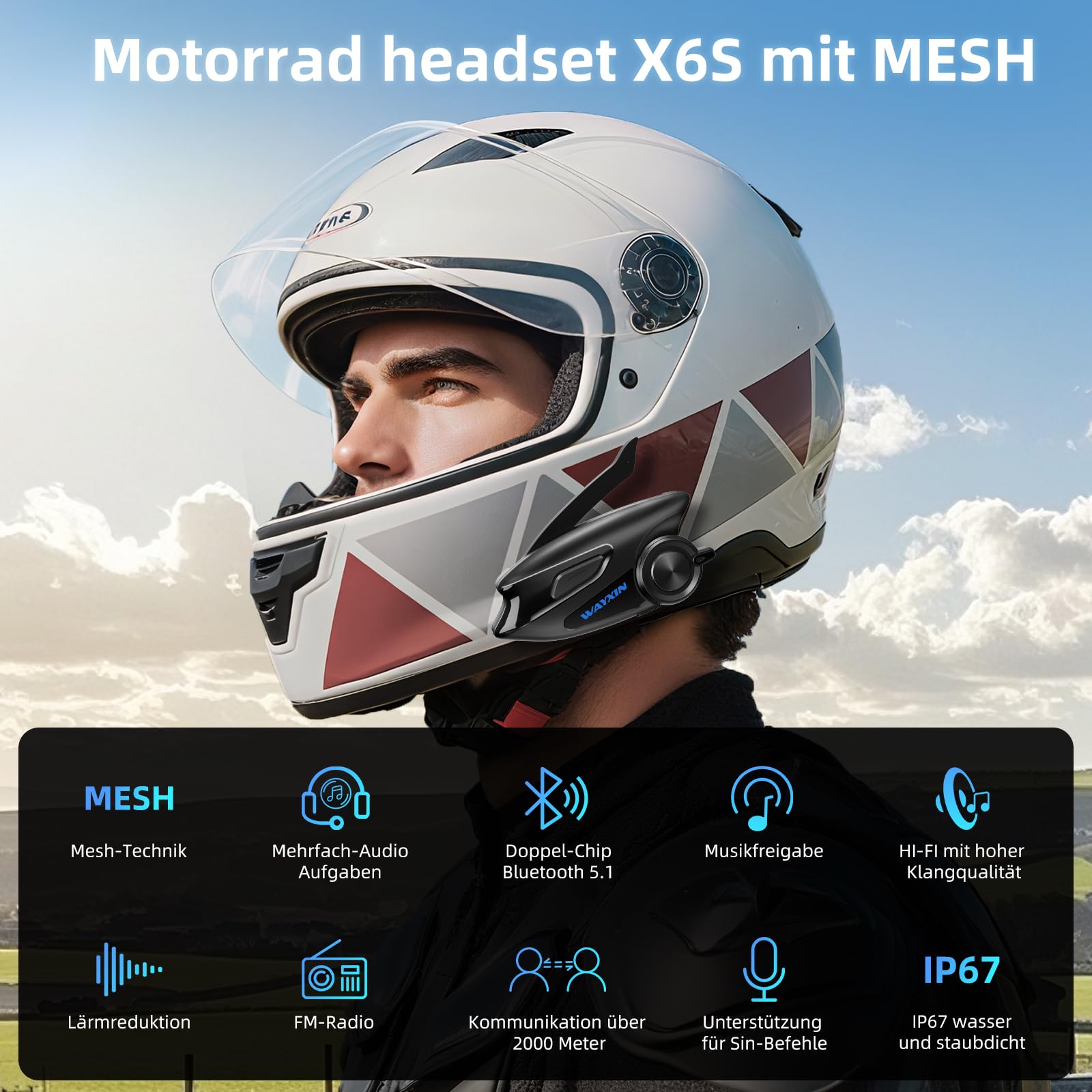 X6S Motorrad Intercom,integriertem Mesh Intercom System, Dual-Chip für Audio-Multitasking Kopfhörer,Helm Headset für bis zu 8 Motorräder,mit HiFi/Musik Teilen/FM/AI Sprache (Schwarz-2pcs)