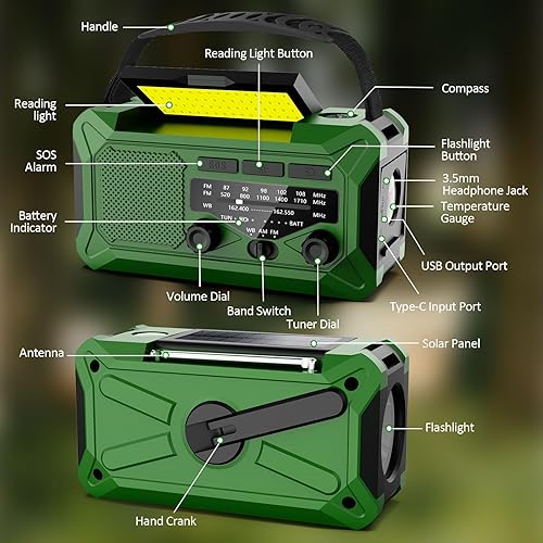 Miniatura 7 de Radio meteorológica con manivela de emergencia, radio solar de 10000 mAh AMFMNOAA con cargador de teléfono, carga USB, lámpara de lectura LED para