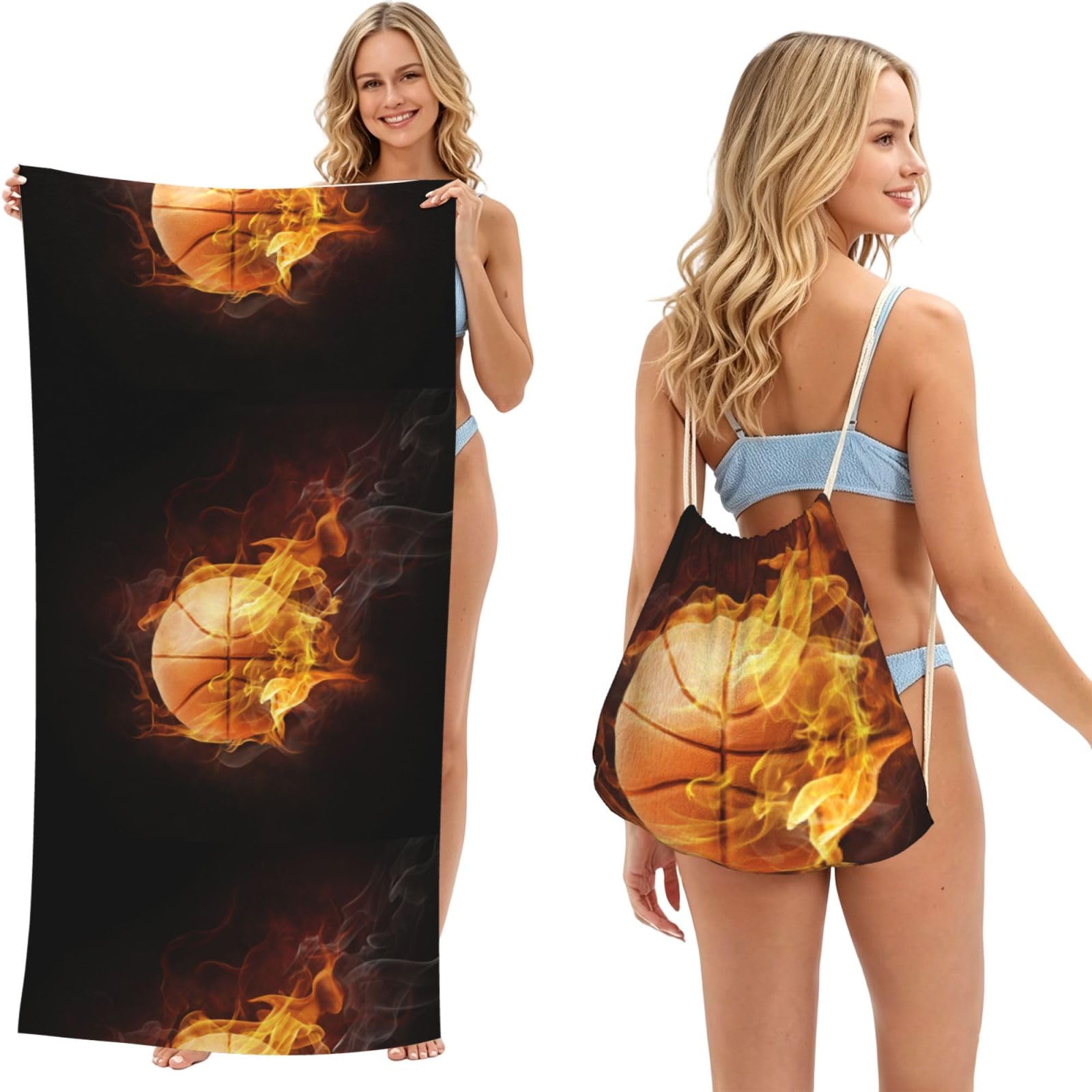 Poadnly As Picture Basketball Fire, 2 In 1 Packable Towel Bag, Beach Towels With Drawstring Backpack For Travel Holiday Camping