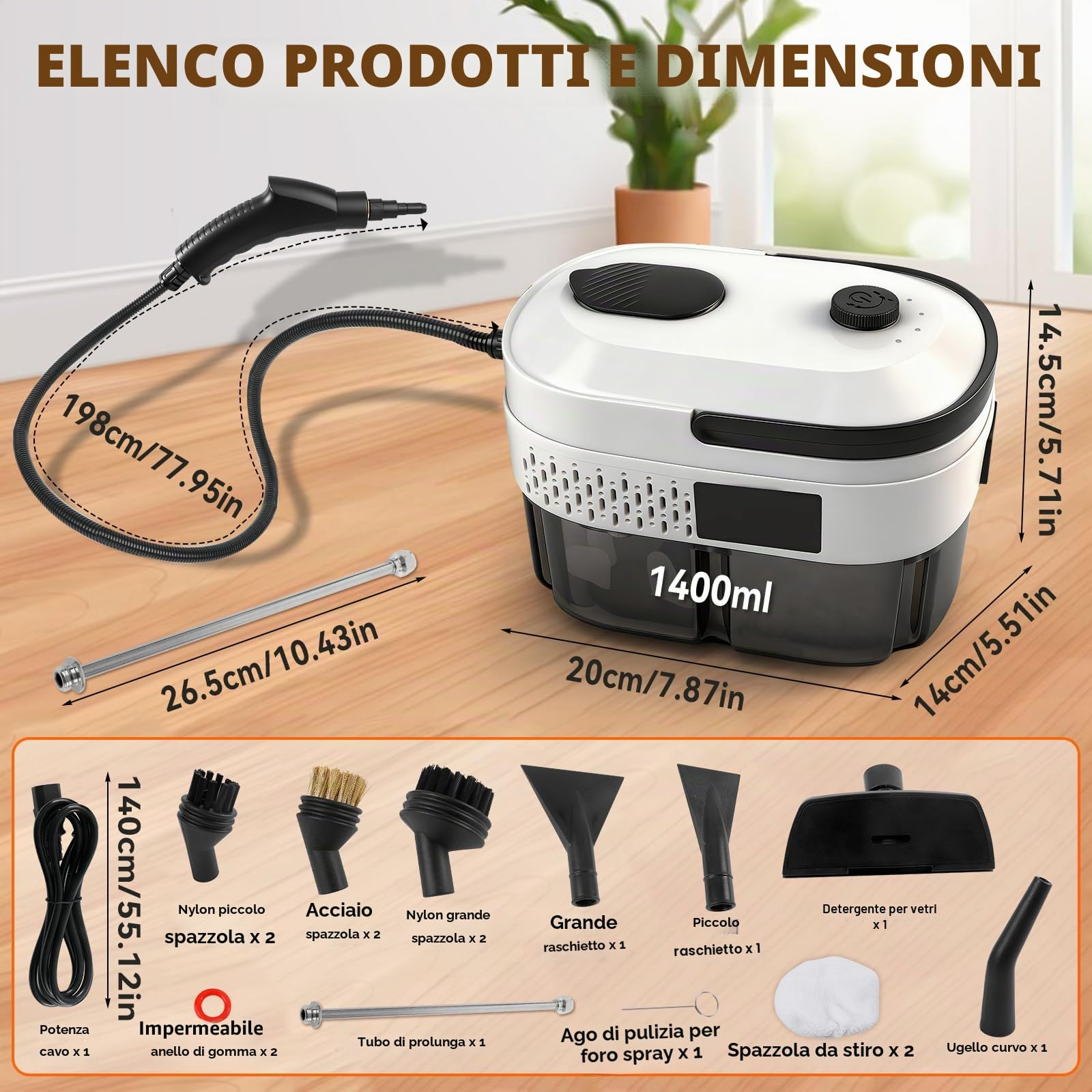 Pulitore a vapore portatile, 2500 W, pulitore a vapore ad alta pressione per casa, serbatoio dell'acqua da 1,6 l, pulitore a vapore regolabile a 3 livelli per finestre della cucina auto