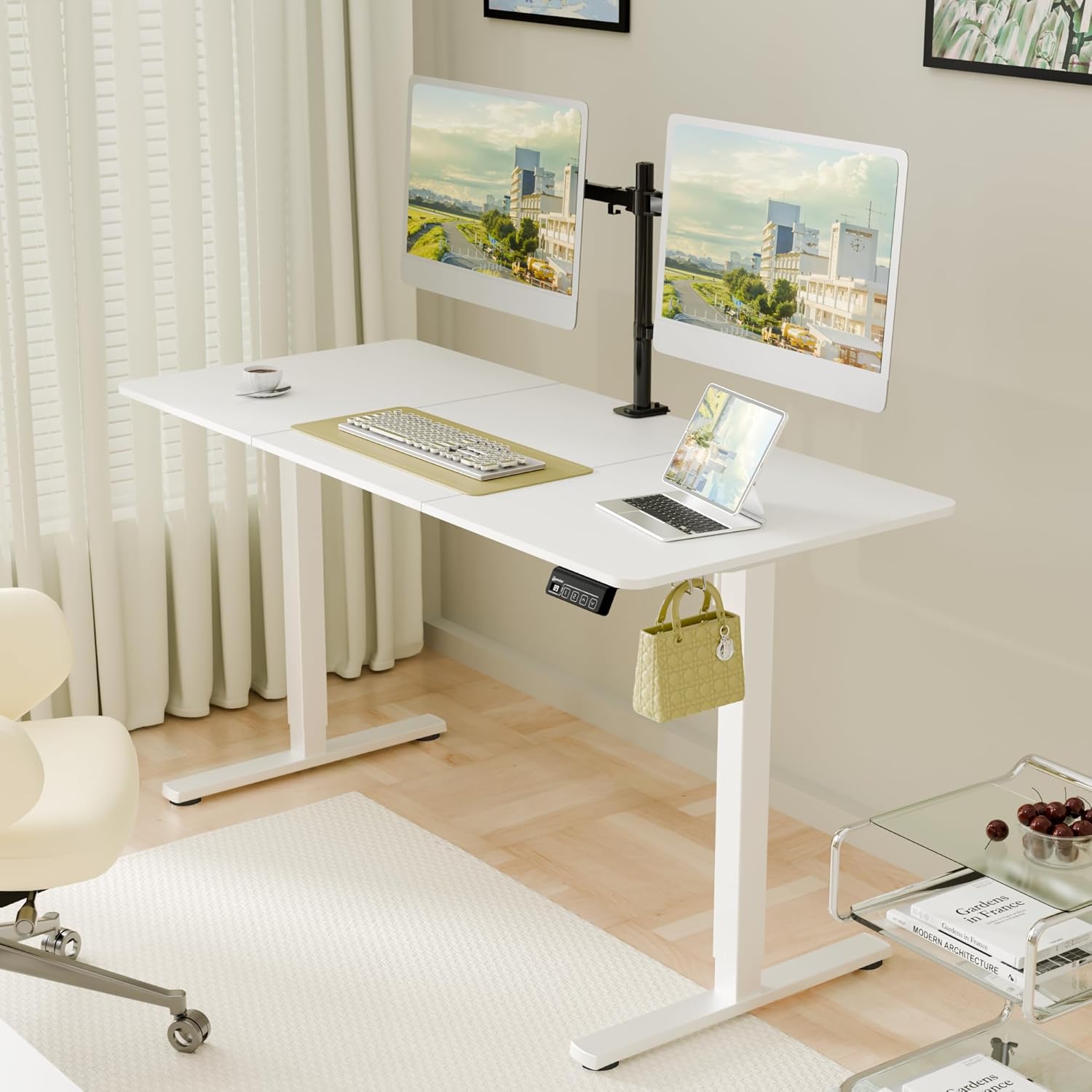 55" Electric Standing Desk, Adjustable Height, Sit Stand Up Desk for Home Office & Computer Workstations, Memory Controller, White