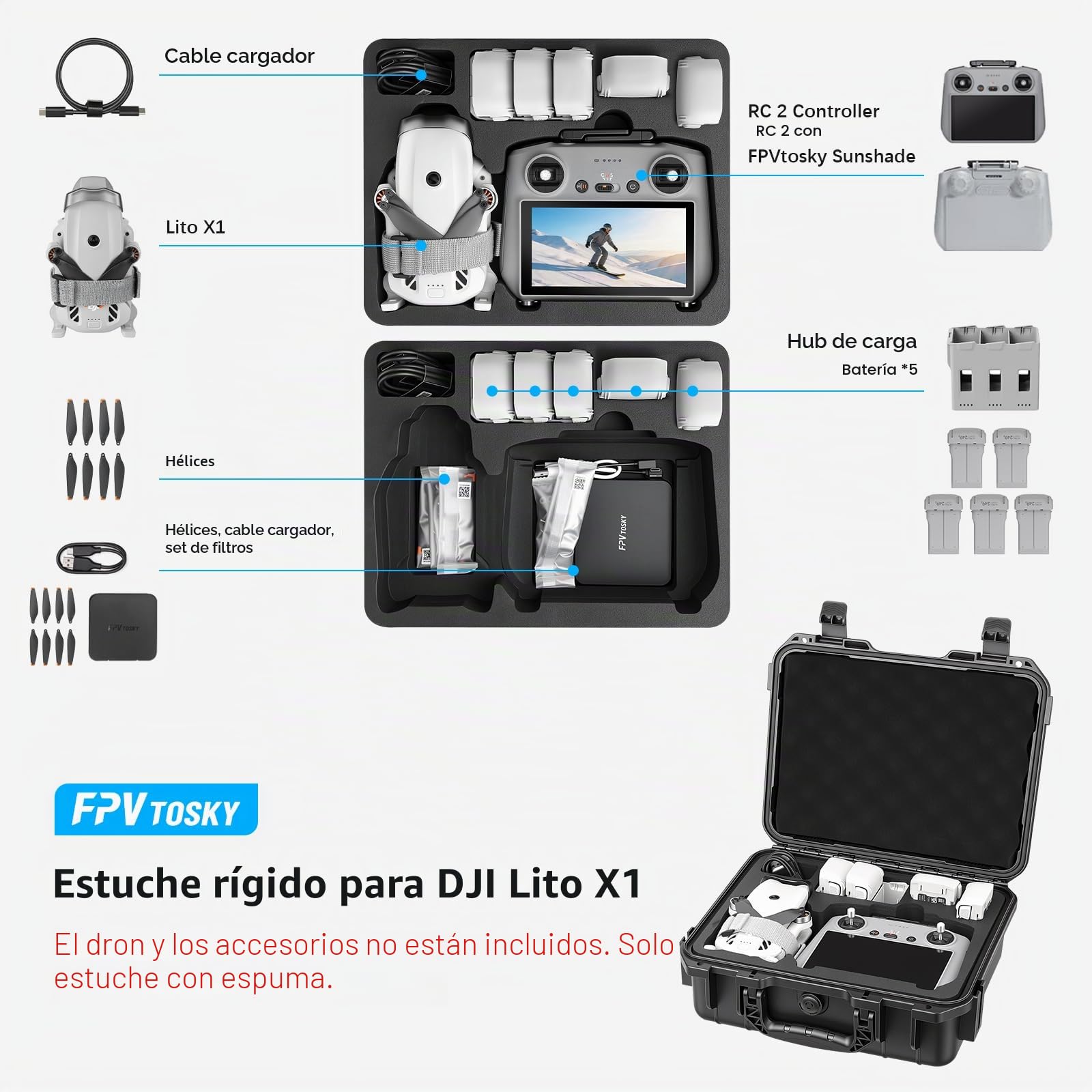 FPVtosky Funda rígida impermeable para Lito X1, Fly More Combo, compatible con controlador RC 2, batería, cargador y otros accesorios (solo funda)