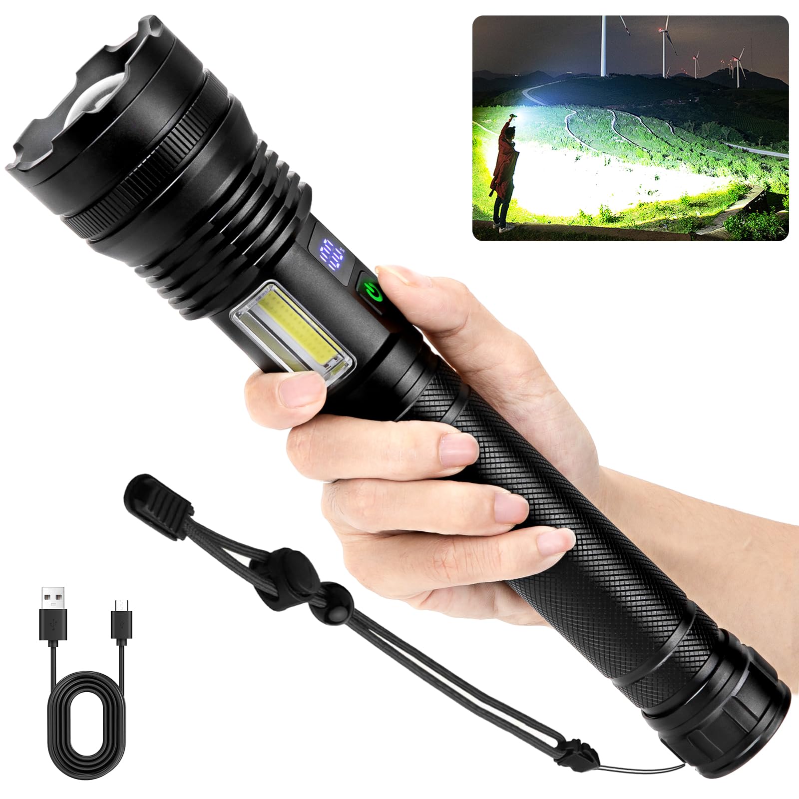 Rechargeable Flashlights High Lumens,Flash Light 250000 Lumens Super Bright Flashlight,8 Modes,IPX7 Waterproof Powerful Handheld LED for Camping Home Hiking Outdoor,Black (SDT-2)
