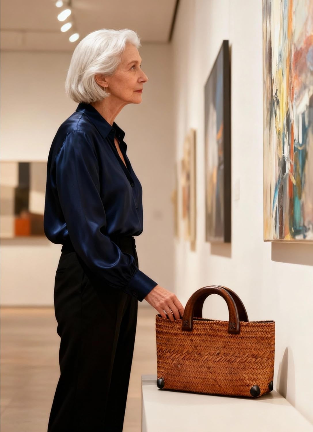 Straw Bag for Women, Summer Beach Handmade Rattan Tote Bag, Round Wooden Handle, Boho Retro Straw Woven Handbag, Large Capacity Beach Vacation Bag (Brown) - Image 8