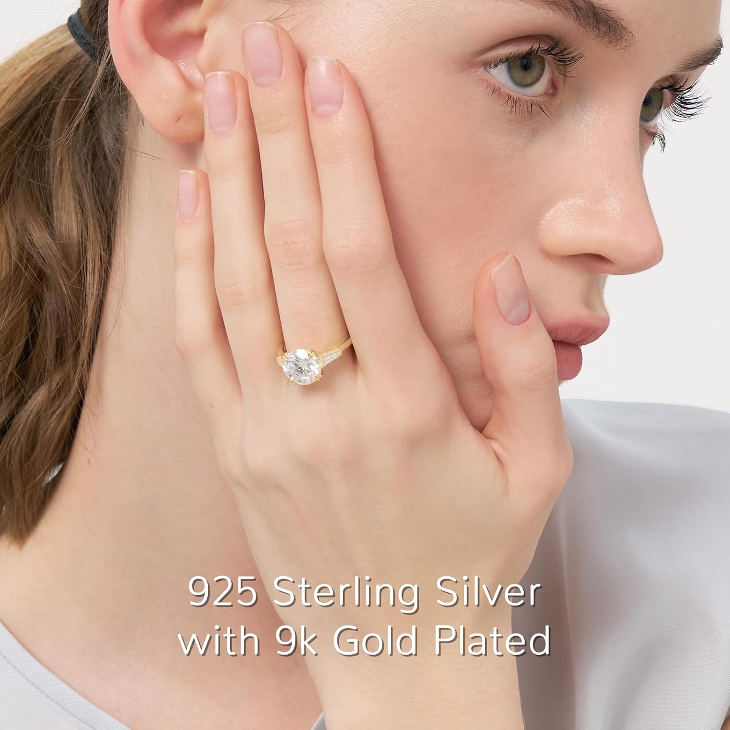 4.5CT Moissanite 3 Stone Engagement Ring for Women D Color VVS1 Clarity Round Tapered Baguette Cut Wedding Ring 9K Gold Plated S925 Sterling Silver Genuine Moissanite Promise Ring for Her Size 8