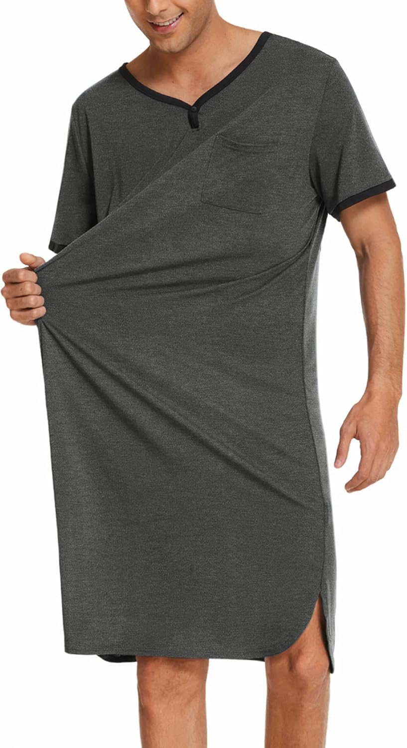 Ekouaer Men's Nightshirt Nightwear Comfy Big&Tall Short Sleeve Henley Sleep Shirt - Image 2