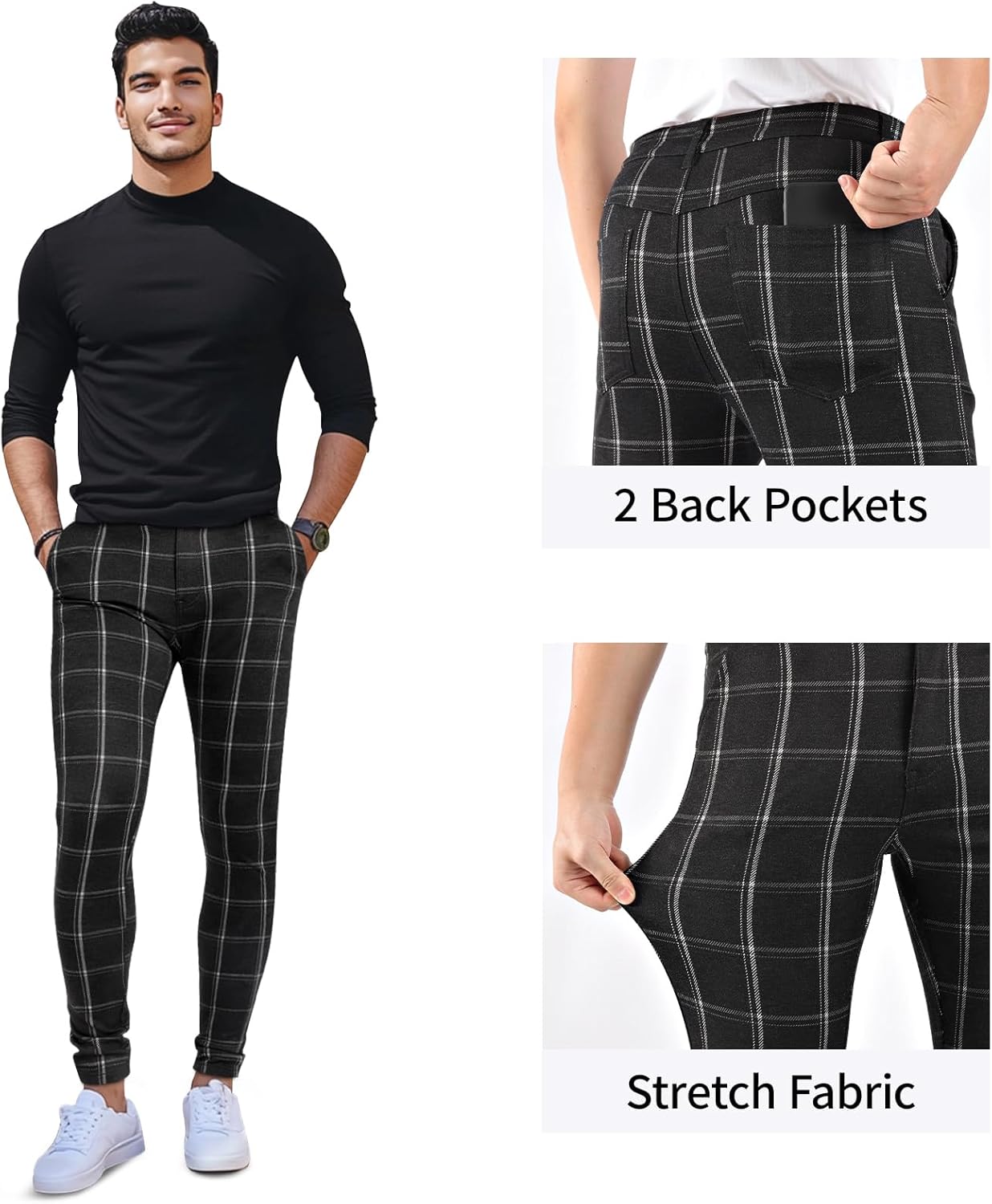 GINGTTO Mens Plaid Dress Pants Stretch Chino Pants Men Slim Fit - Image 4