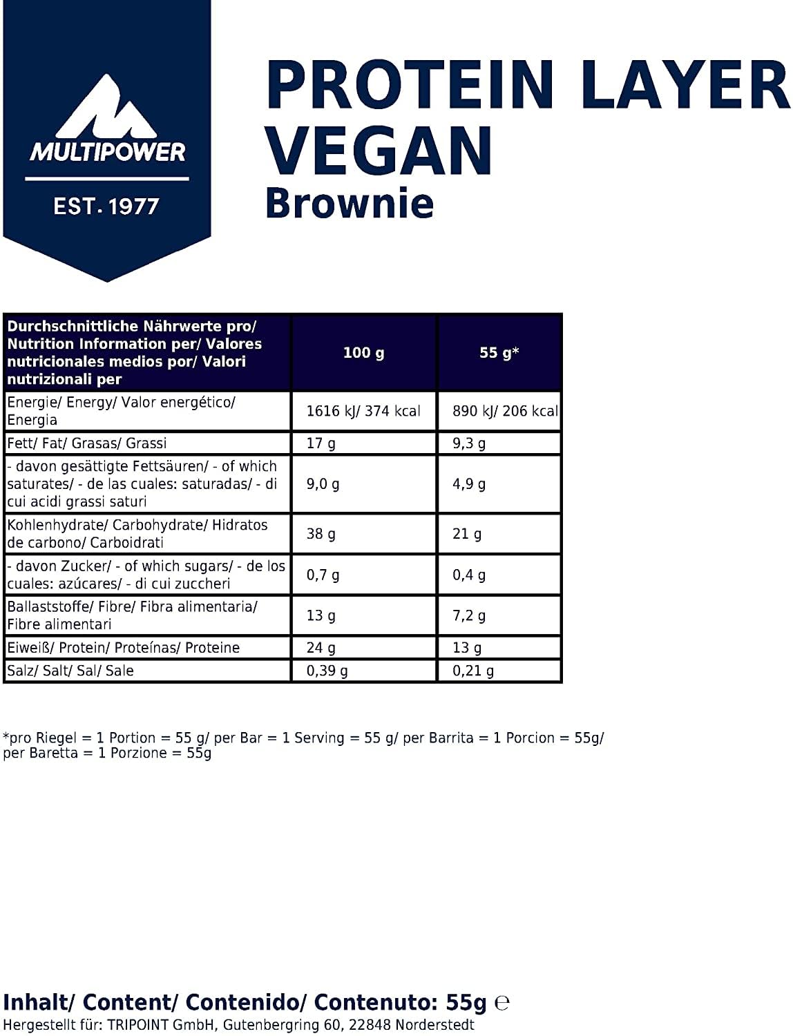 Multipower Vegan Protein Layer Brownie Bar Energieriegel mit 24 Prozent Protein – Fitnessriegel 15 x 55 g – Veganer Proteinriegel aus 3 pflanzlichen Proteinquellen mit Brownie Geschmack