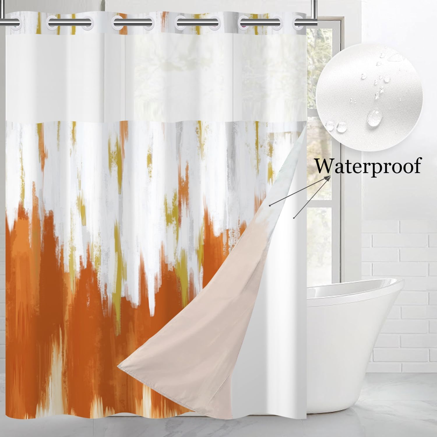 No Hook Shower Curtain with Snap in Liner, Burnt Orange White Gold Brush Strokes Art Hotel Style Modern Shower Curtain Waterpoof Washable with See Through Top Window,71"x74"