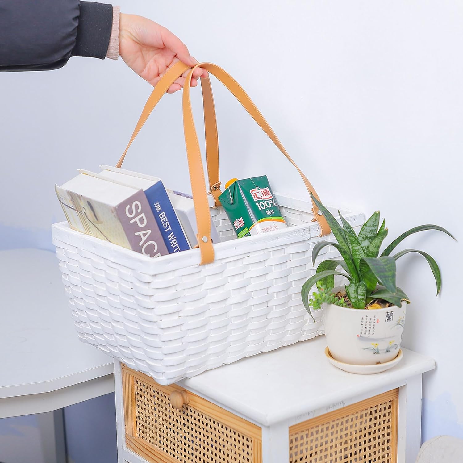 Picnic Basket, White Wicker Wood Basket with Double Handles for Storage Camping Party, 15.16" Lx10.83 Wx7.48 H inch