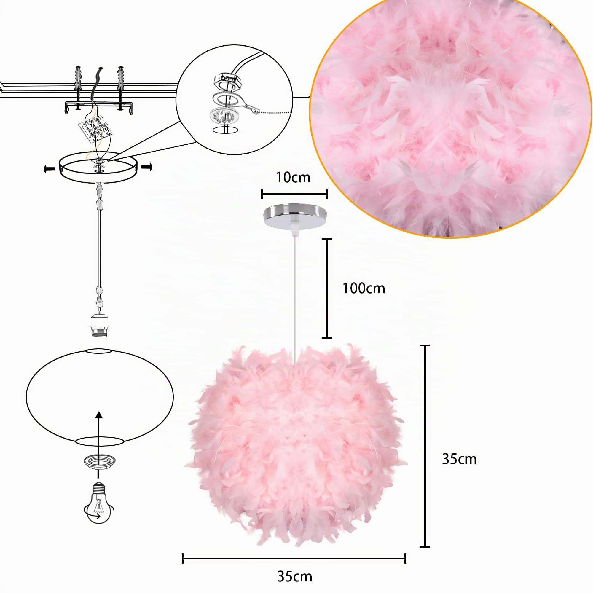 iDEGU Lámpara Colgante LED de Plumas, Lámpara de Techo Moderna Pantalla Globo 30cm E27 Luz de Techo Decoración Iluminación de Techo para Dormitorio Salón Comedor (Rosa)