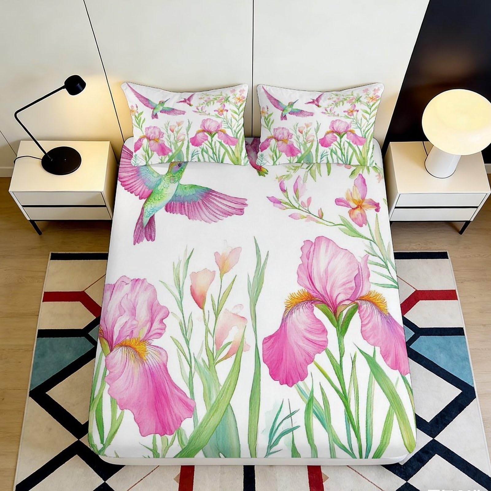 3D Printed Watercolor Hummingbird Fitted Sheet Microfiber Soft Pink Iris Mattress Cover for Bedroom Guest Room Decor 90x200x25cm