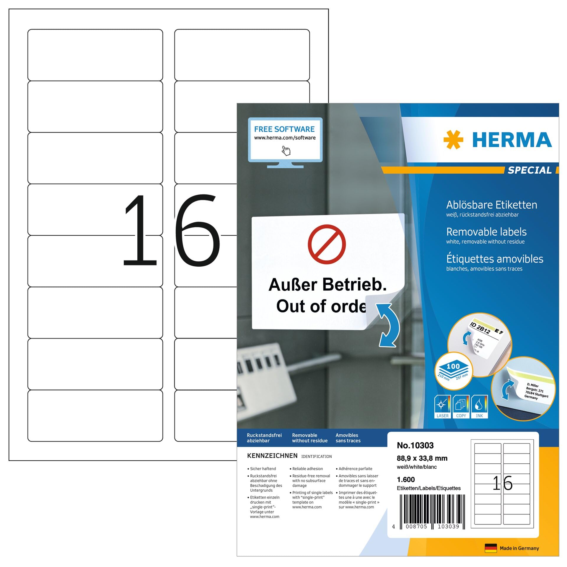 HERMA Self Adhesive Removable Labels, 16 Labels per A4 Sheet, 100 Sheets, 88.9 x 33.8 mm, 1600 Labels, Blank Multipurpose Labels Stickers, Sticky Labels for Laser & Inkjet Printer, White