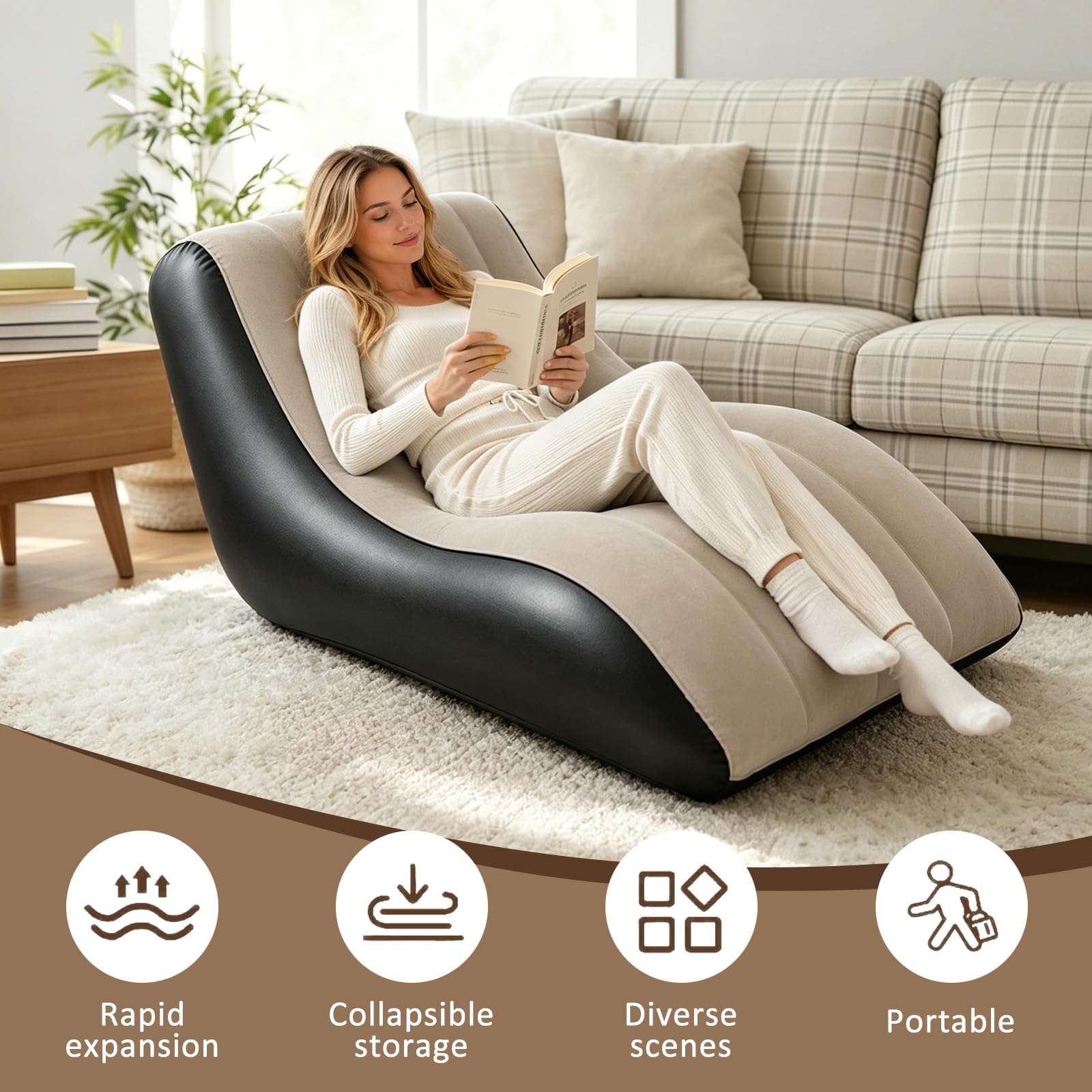Luftsofa Aufblasbar - Beflockte Outdoor Couch für Camping, Strand & Wohnzimmer - Wasserdicht & Robust - Schnell Aufbaubar mit Pumpe - Ideal für Reisen & Garten (Khaki)