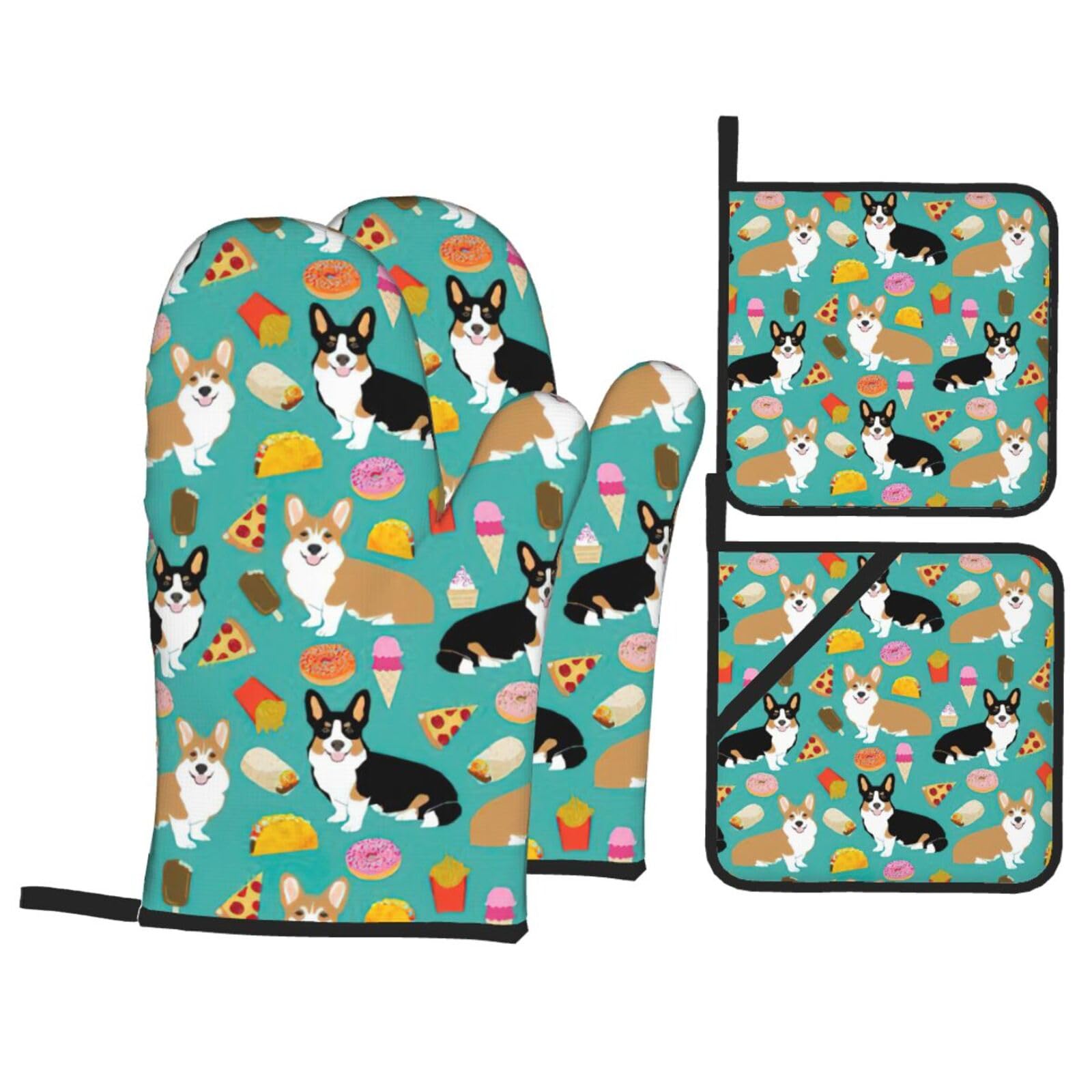 Cute Corgi Print 4-Piece Oven Microwaving Set Waterproof Kitchen Gloves for Baking Grilling Cooking