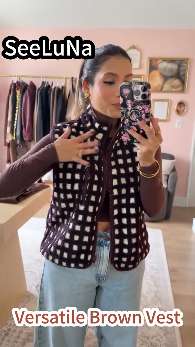 SeeLuNa Womens Checkered Sherpa Vest Sleeveless Winter Fleece