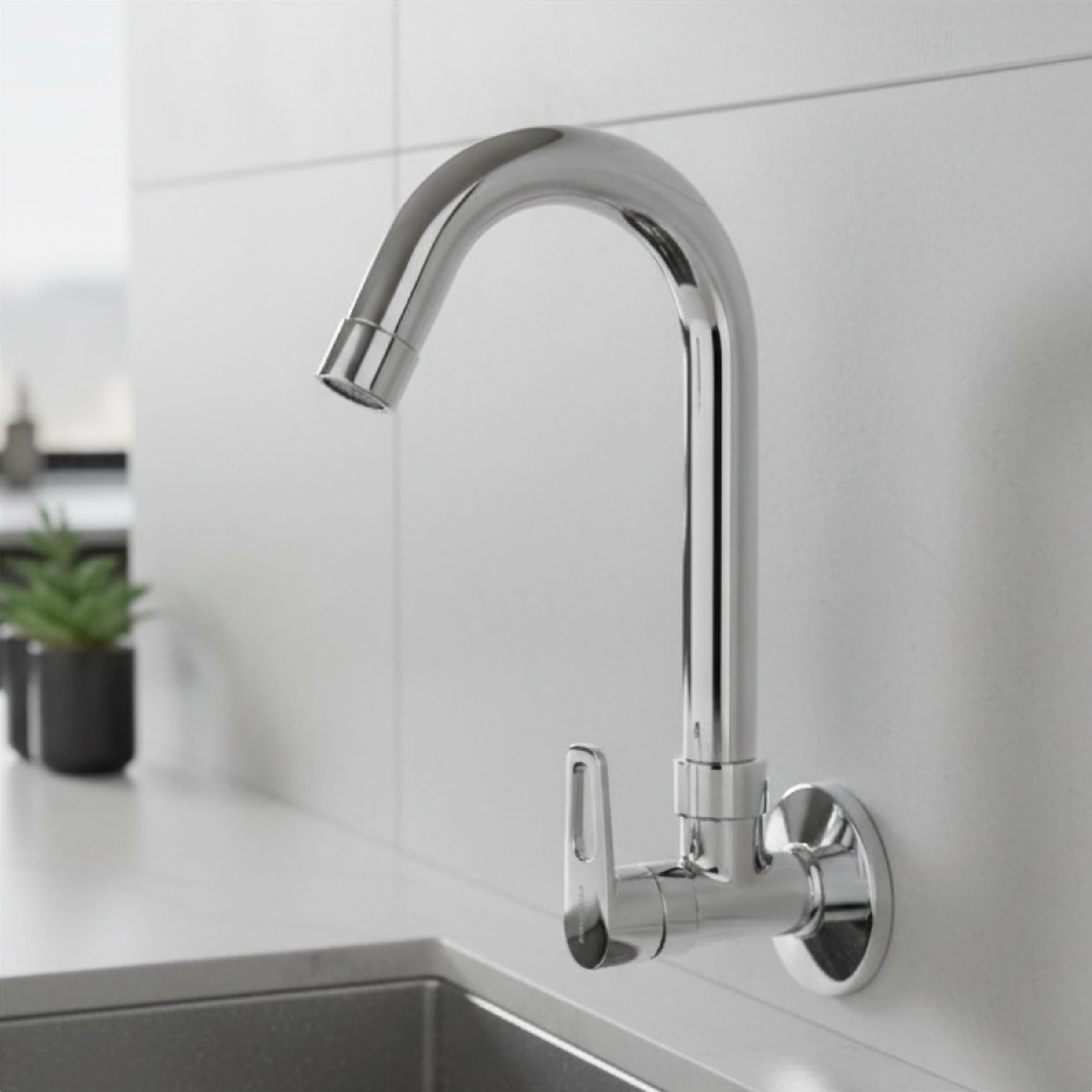 Kitchen Faucet Sink Cock J Band | Wall Mounted Kitchen Sink Tap | Cold-Only Single Lever Faucet with 360° Swivel | Water Saving Aerated Flow | Chrome Finish | 07 Years Warranty (OXIYA)