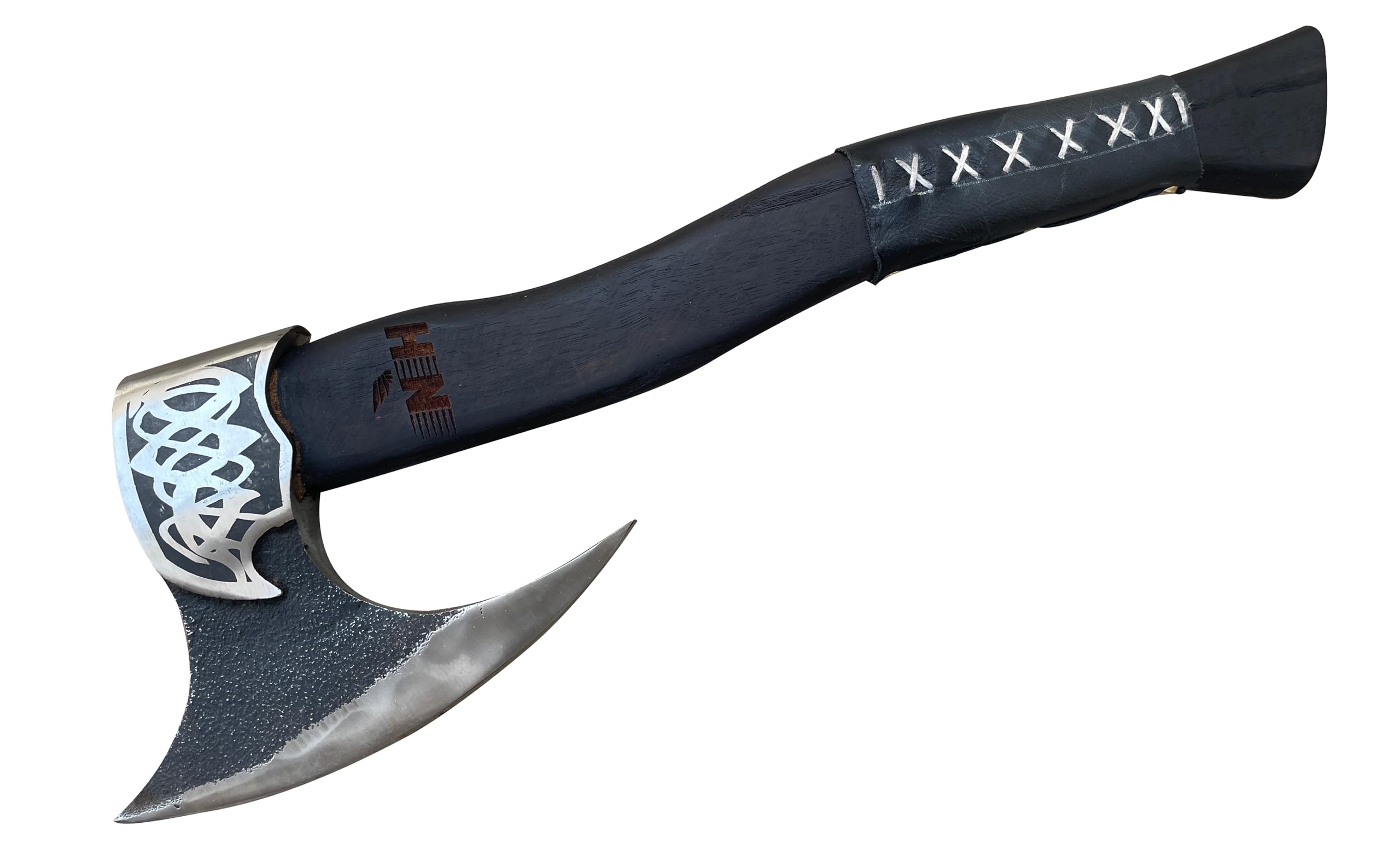 NovaHaven Handgefertigte Dekorative Axt – Klinge aus Kohlenstoffstahl mit Eschenholzgriff – Verschiedene Klingendesigns mit Ledergriff – Inkl. Schutzhülle – 4 Varianten (Curved Blade)