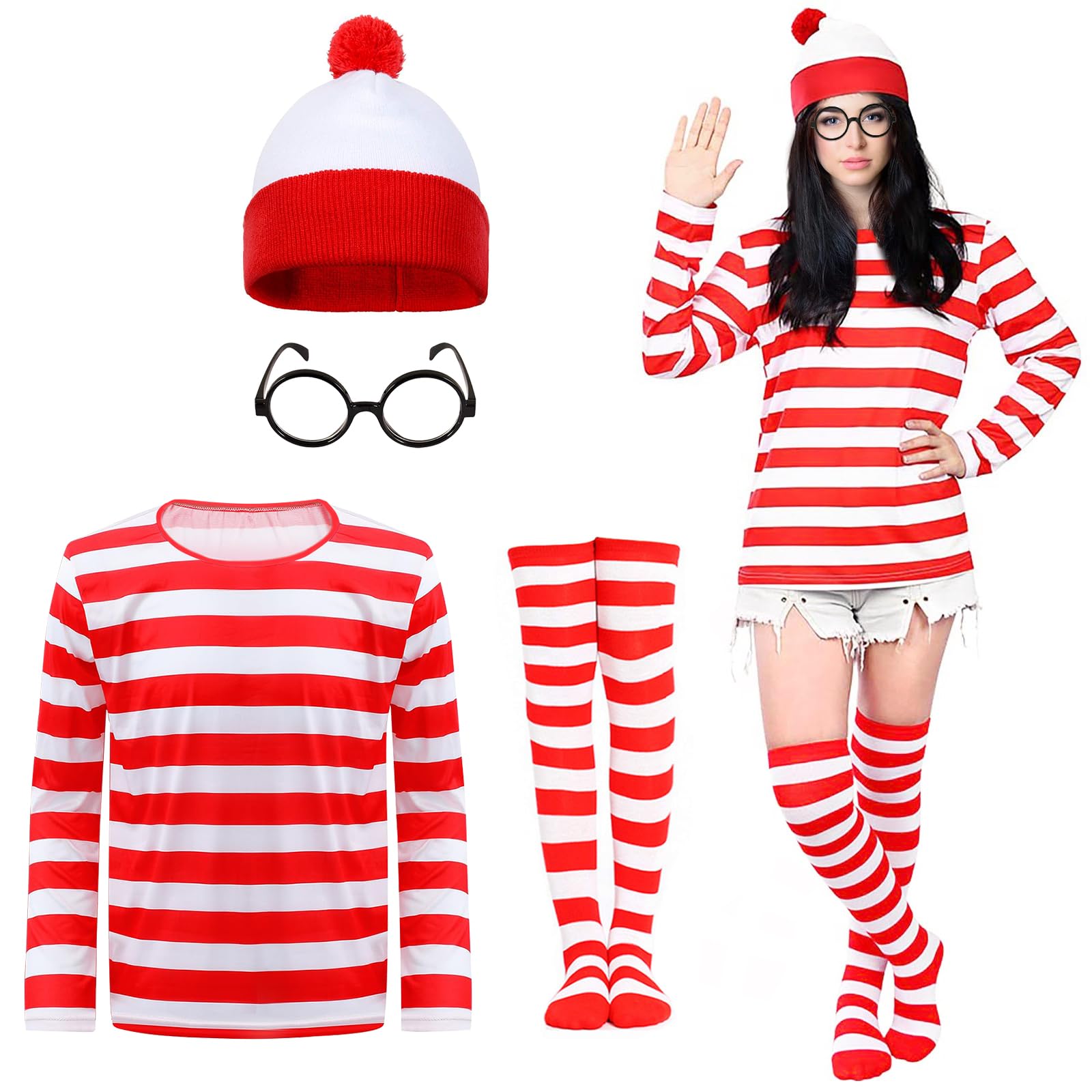 4PCS Women Wally Costume Set, Cosplay Accessories Set with Red & White Stripe Long Sleeve Top Bobble Hat Stockings Black Nerd Glasses, 90s Fancy Dress Costume for World Book Day Halloween Dress Up