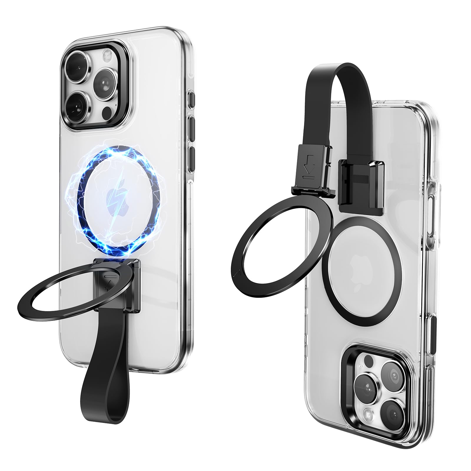 DRAYROMN Clear Phone Case with Silicone Lanyard for iPhone 16,Case with Ring Holder Magnetic Stand,TPU Clear Phone Case with Adjustable Detachable