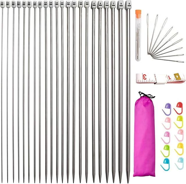 22 PCS Ensemble d'aiguilles de tricot 2mm-8mm Kit d'aiguille droite en acier inoxydable à pointe unique 11 Différentes tailles Pulls aiguilles avec verrouillage des fabricants de mailles grand pour le tissage