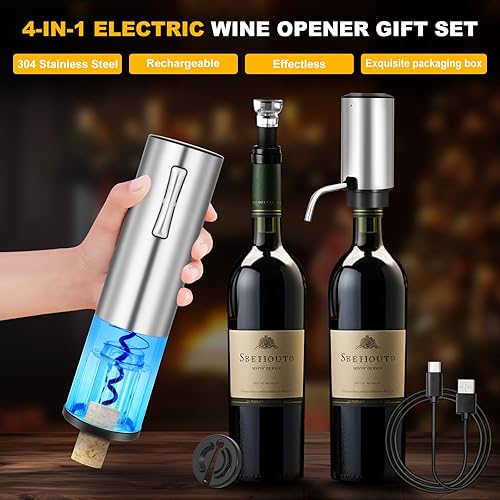 Miniatura 2 de Abridor de vino eléctrico con decantador eléctrico y aireador, abrebotellas de vino eléctrico recargable, accesorios de vino de acero inoxidable con