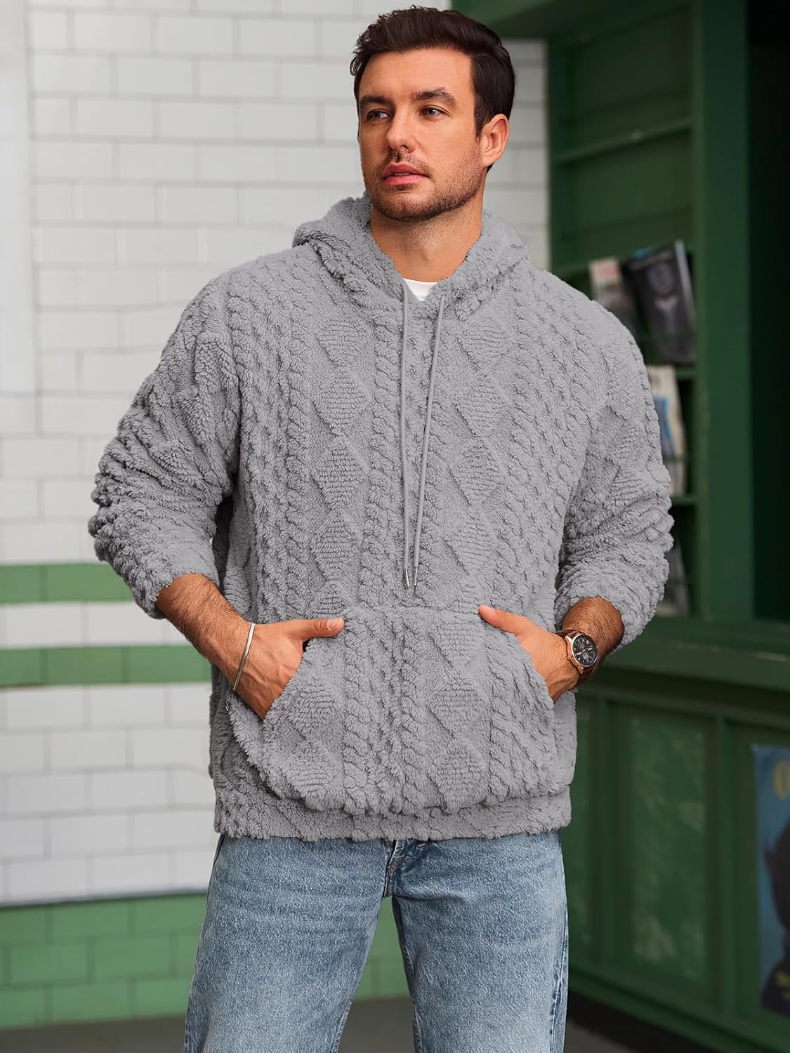 Runcati Mens Fuzzy Sherpa Hoodie Pullover Sweatshirts Long Sleeve Front Pocket Fall Winter Hooded Textured Outwear - Image 2